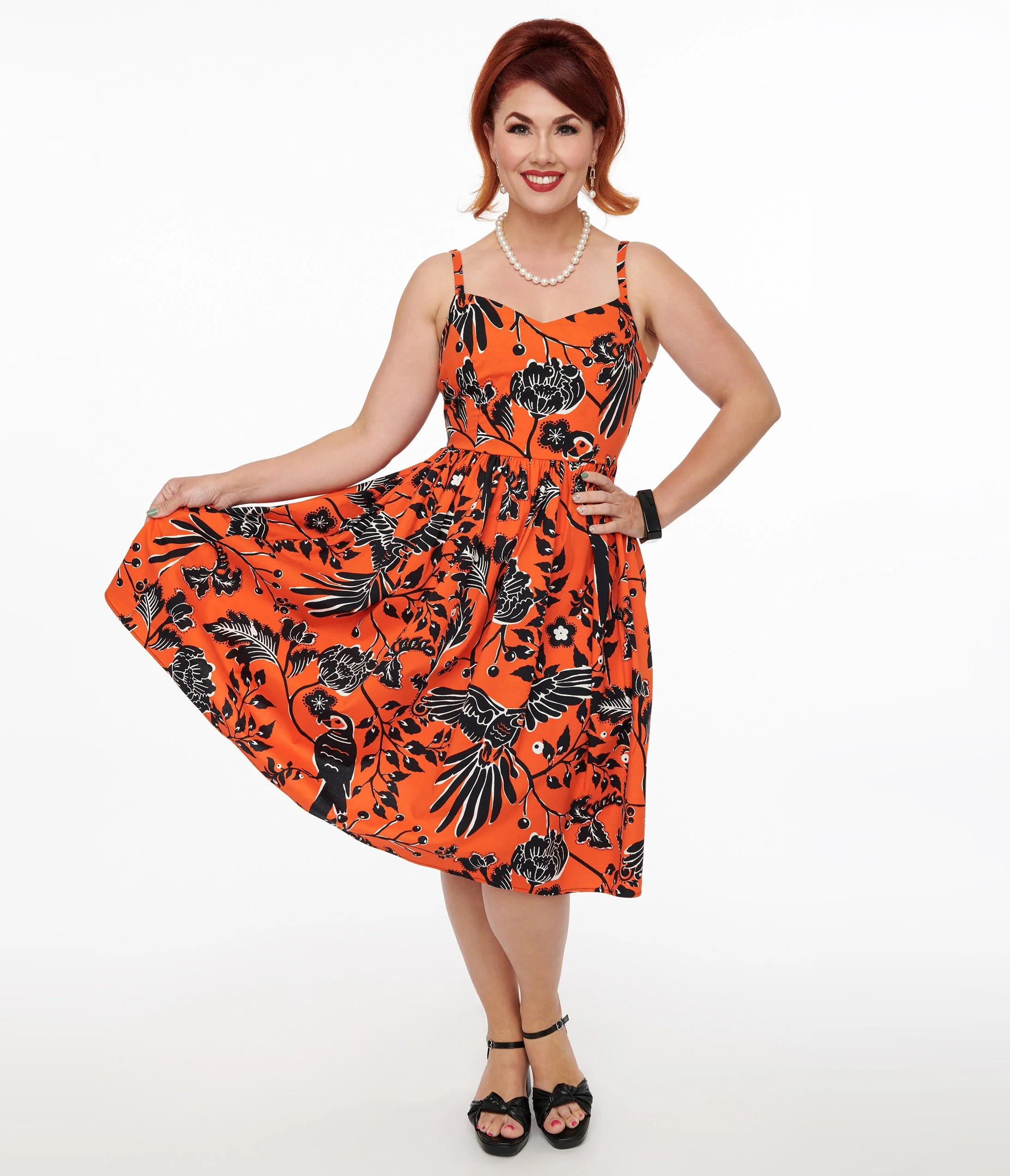 Hell Bunny 1950s Orange & Black Parrot Print Rio Swing Dress