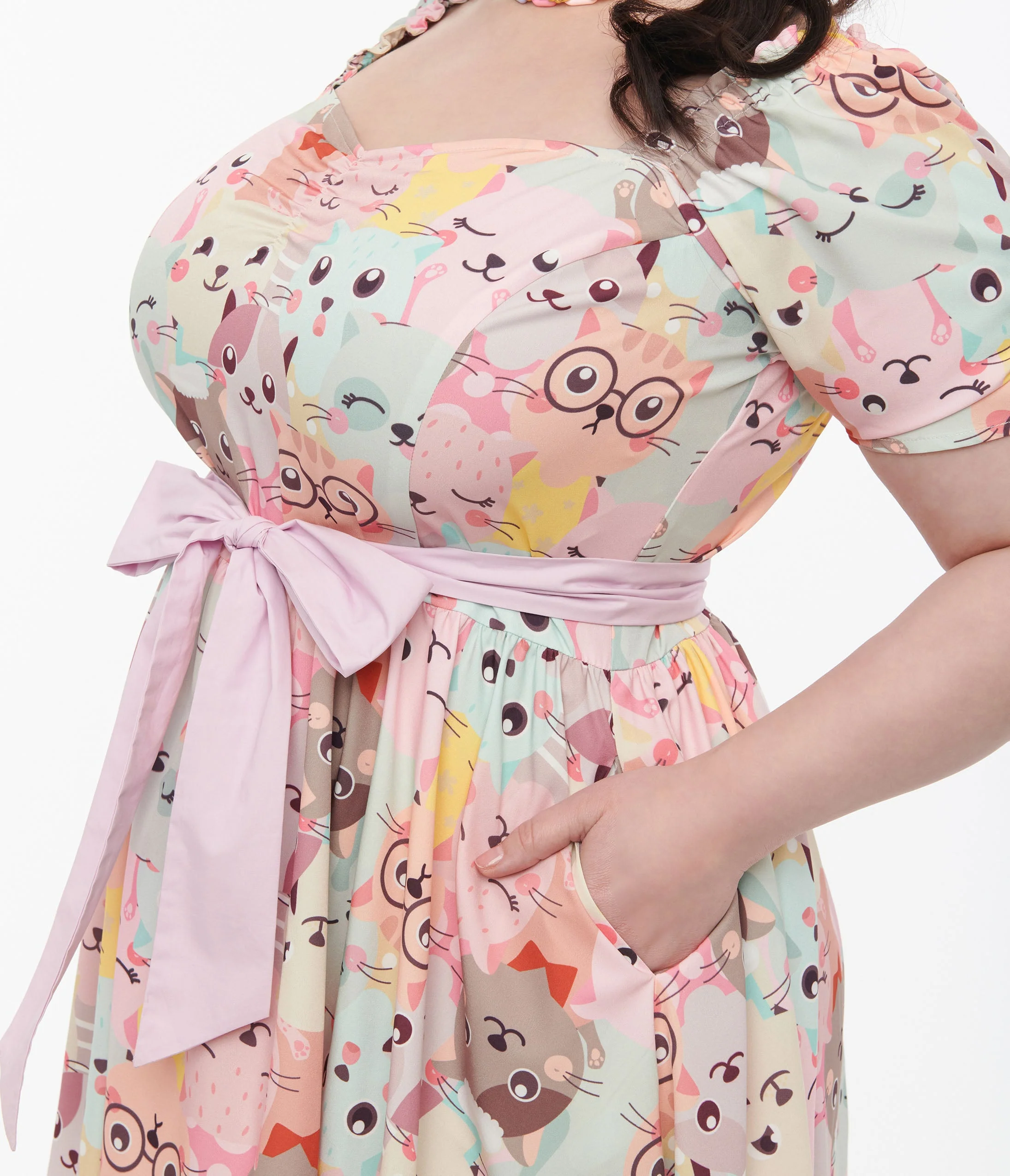 Unique Vintage Plus Size 1950s Pink & Multicolor Cat Print Dakota Flare Dress