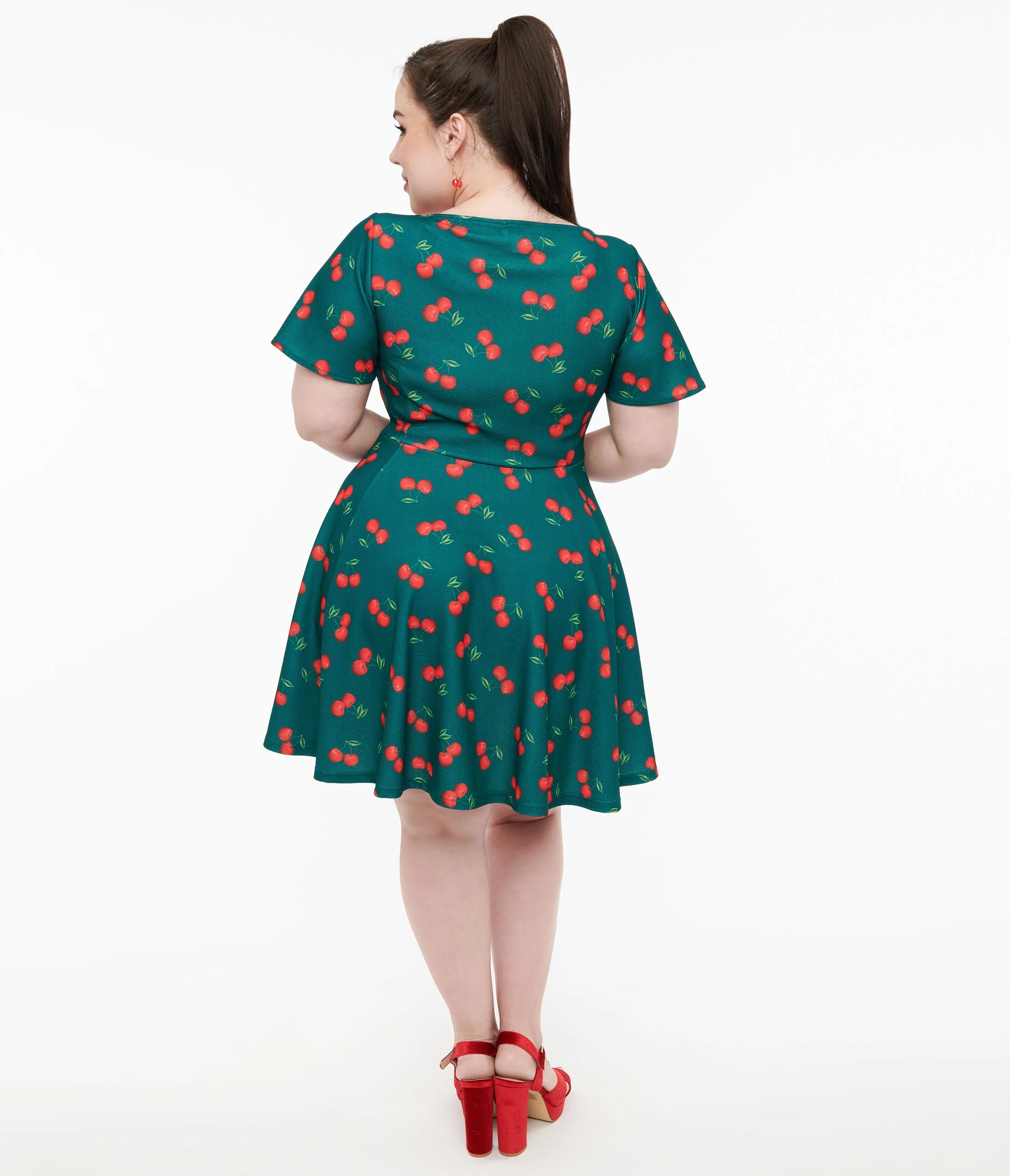 Unique Vintage Plus Size 1950s Emerald & Cherry Print Poppy Flare Dress