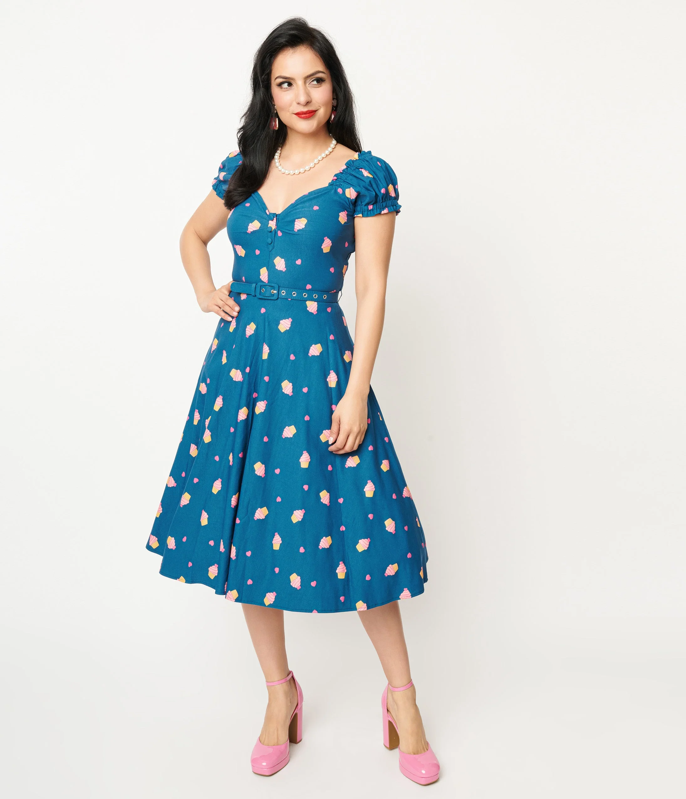 Unique Vintage 1950s Teal & Cupcake Stamp Ohara Swing Dress