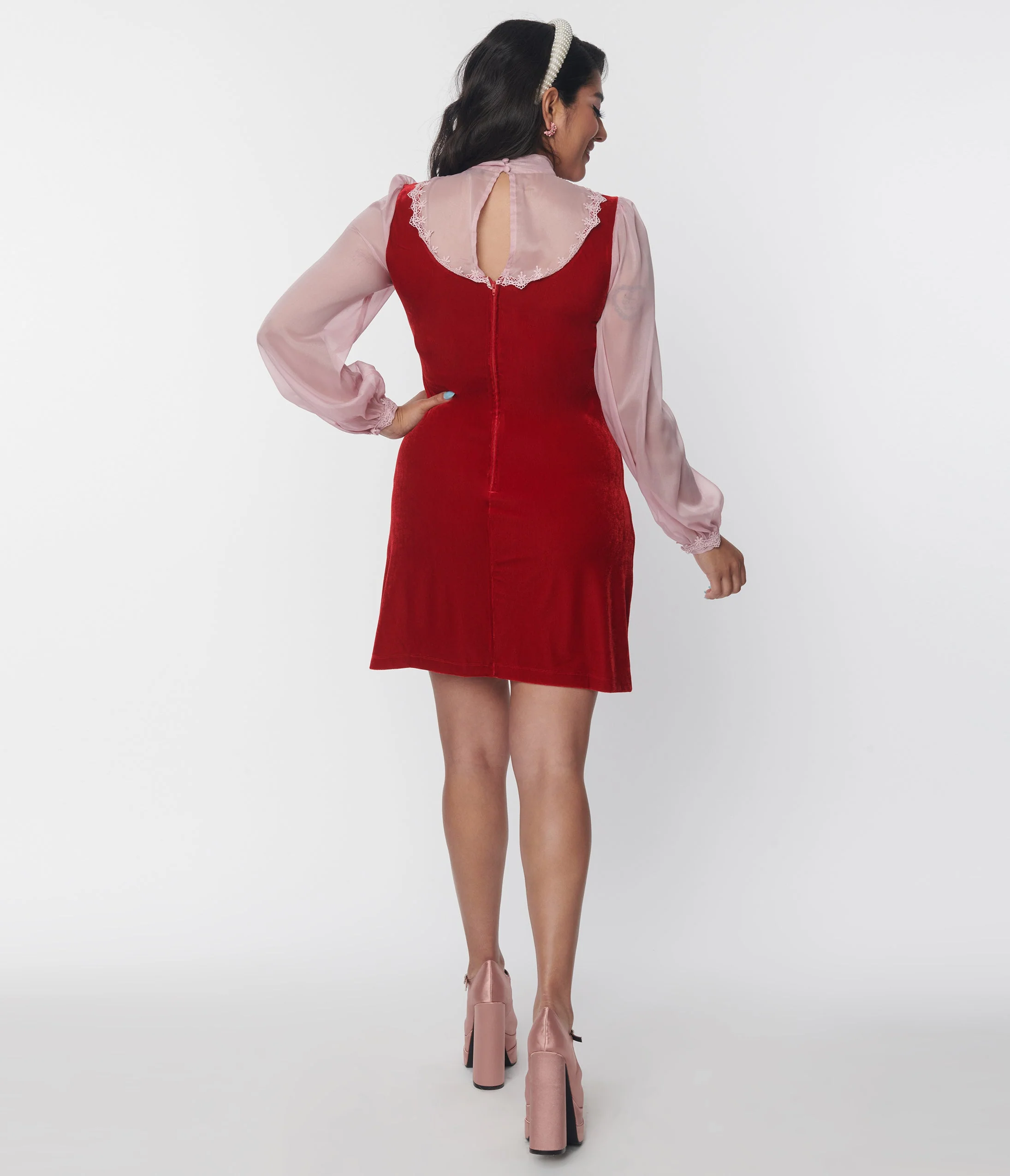Smak Parlour Burgundy Velvet & Pink Bow Neck Shift Dress