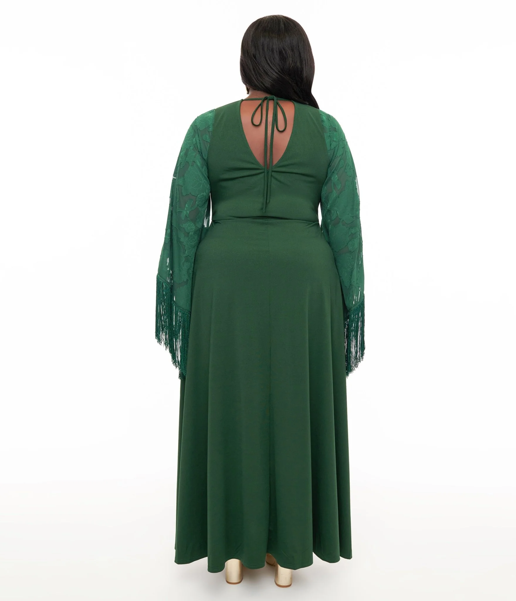 Smak Parlour Plus Size 1970s Green Fringe Sleeve Maxi Dress
