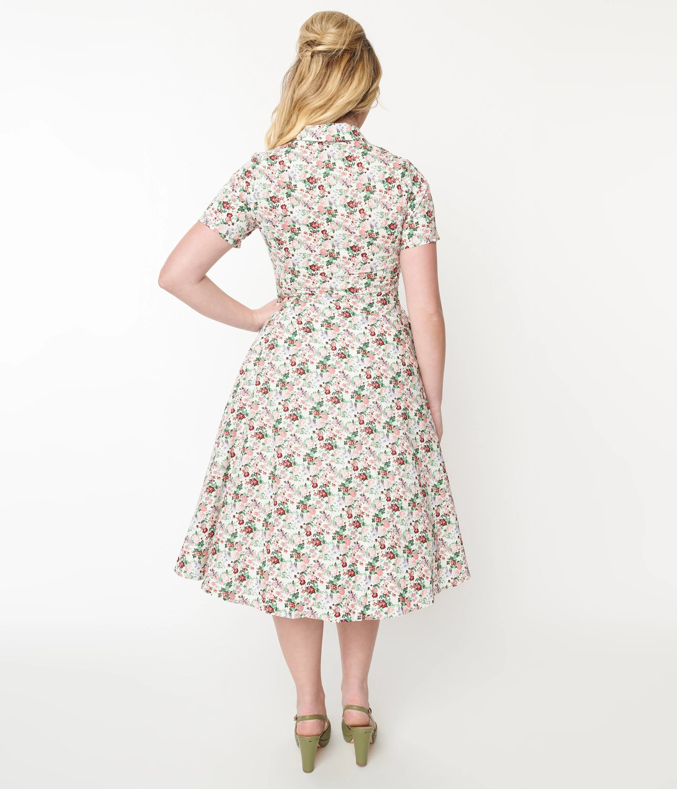 1940s Pink Floral Button Front Swing Dress