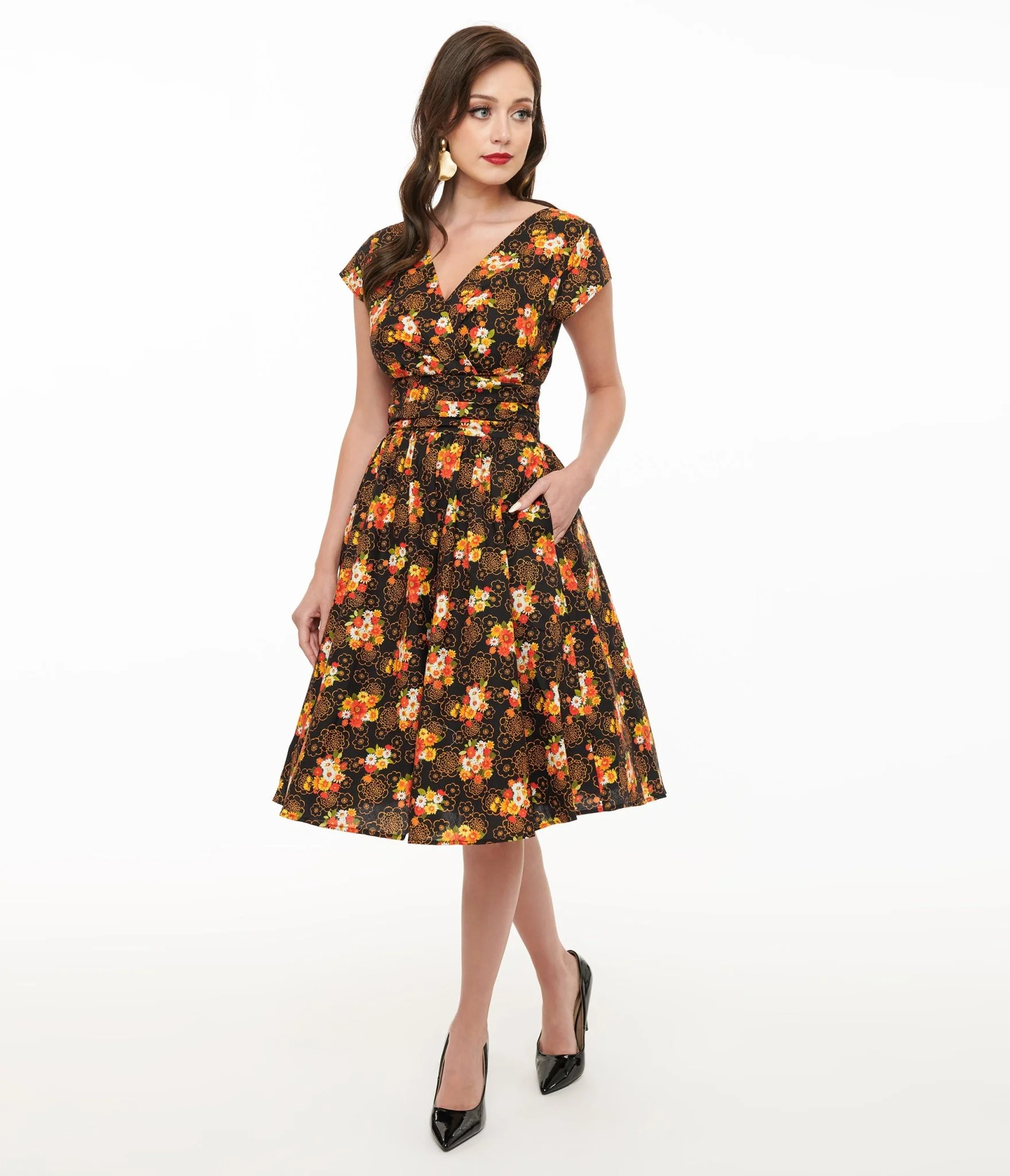 Retrolicious 1950s Autumn Floral Cotton Greta Swing Dress