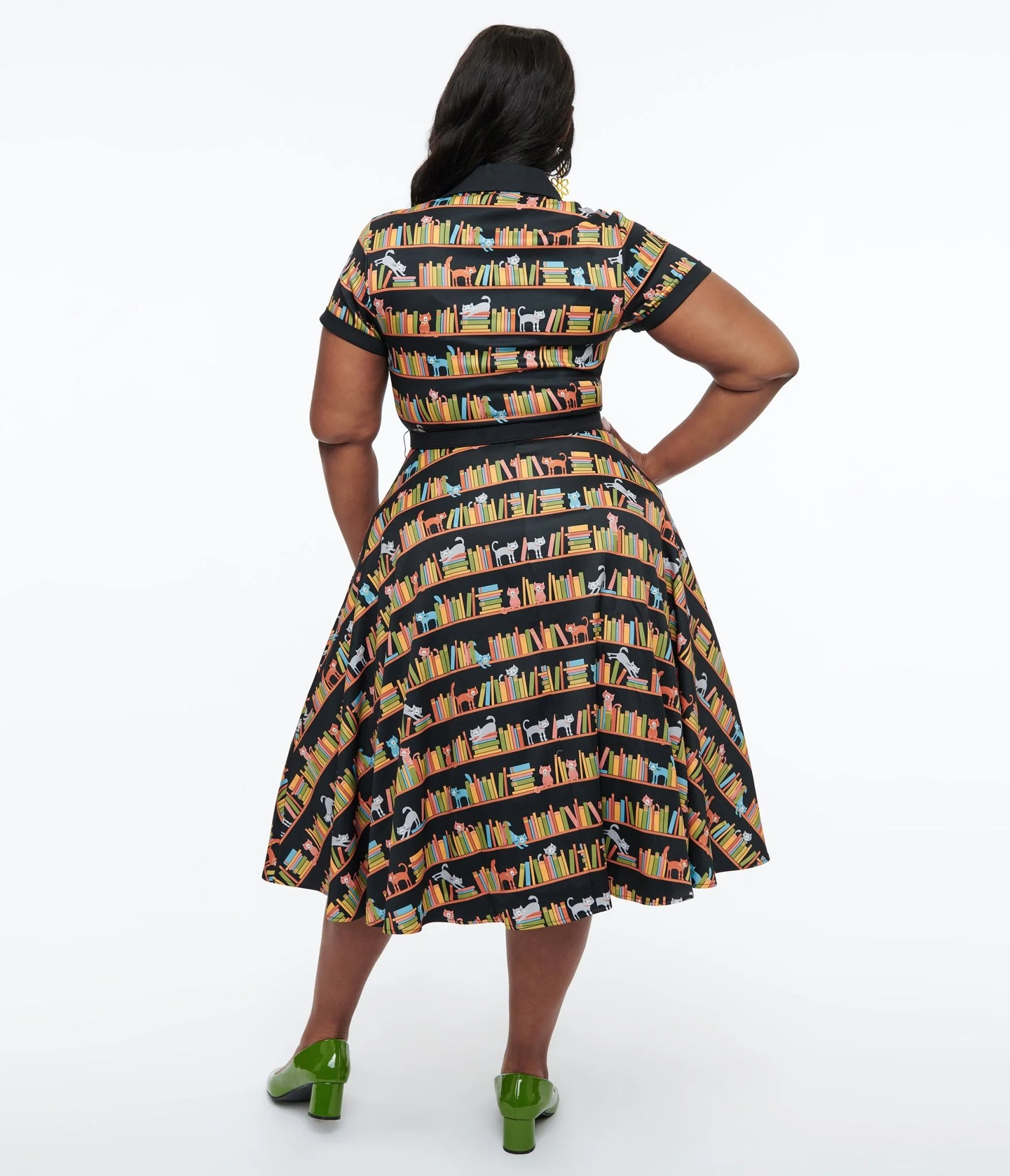 Unique Vintage Plus Size 1950s Cat & Bookshelf Print Alexis Swing Dress