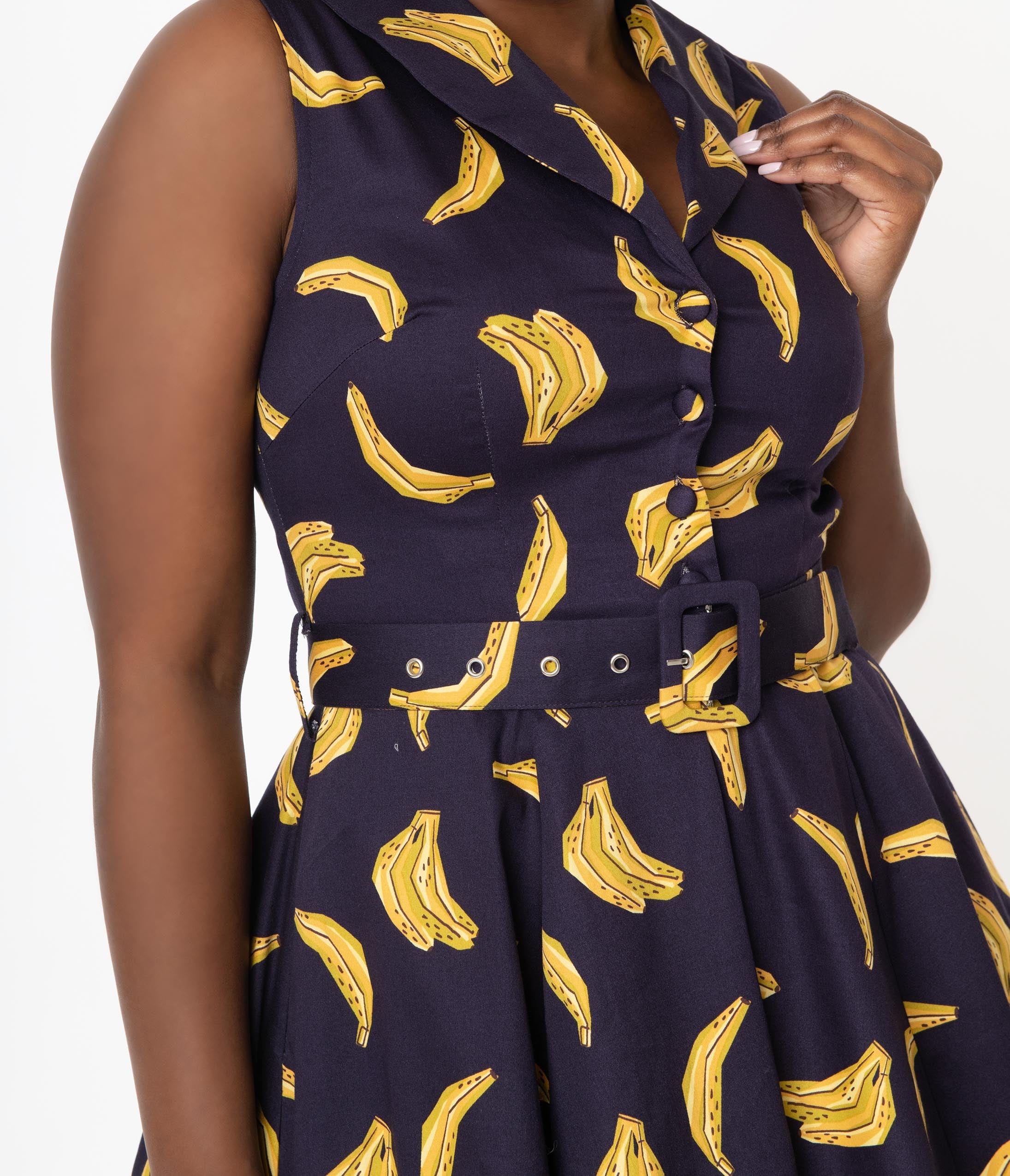 1960s Navy & Yellow Banana Print Jani Swing Dress
