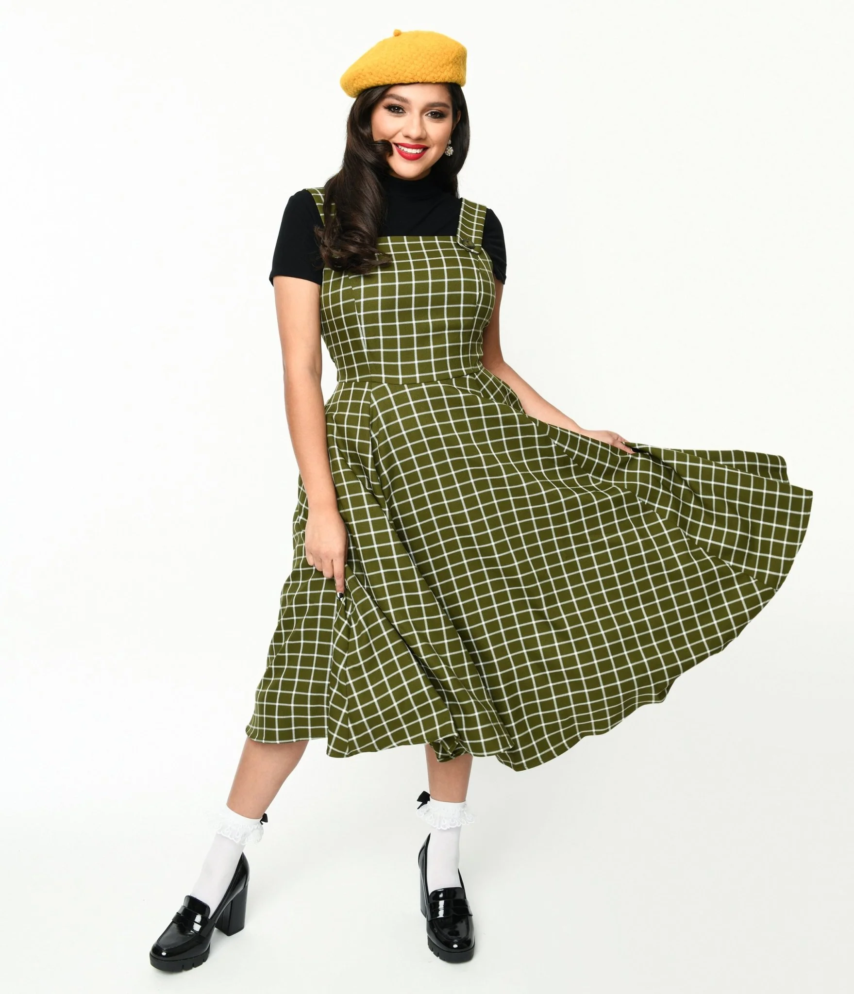Collectif Green & White Checked Eloise Acres Swing Dress