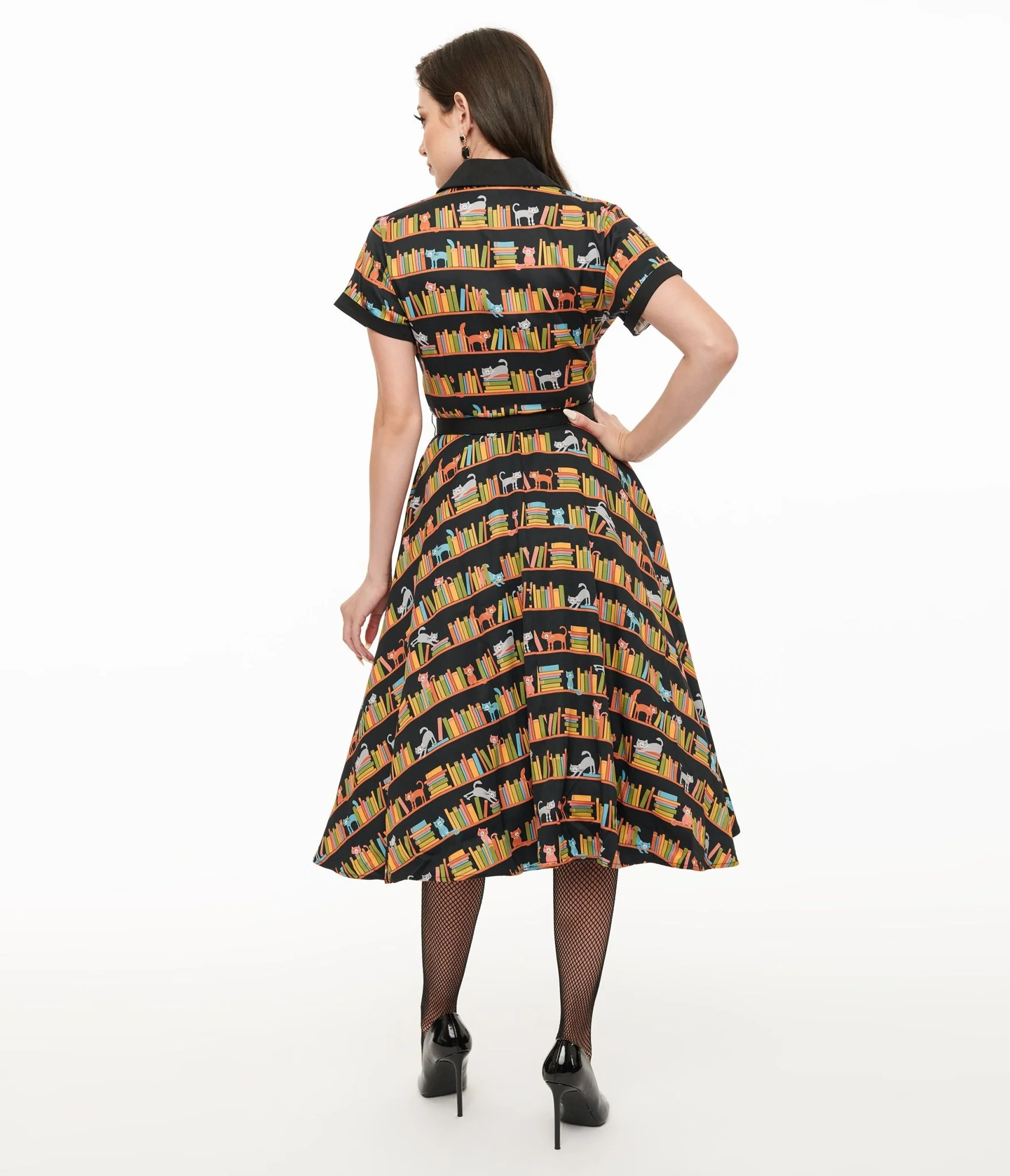 Unique Vintage 1950s Cat & Bookshelf Print Alexis Swing Dress