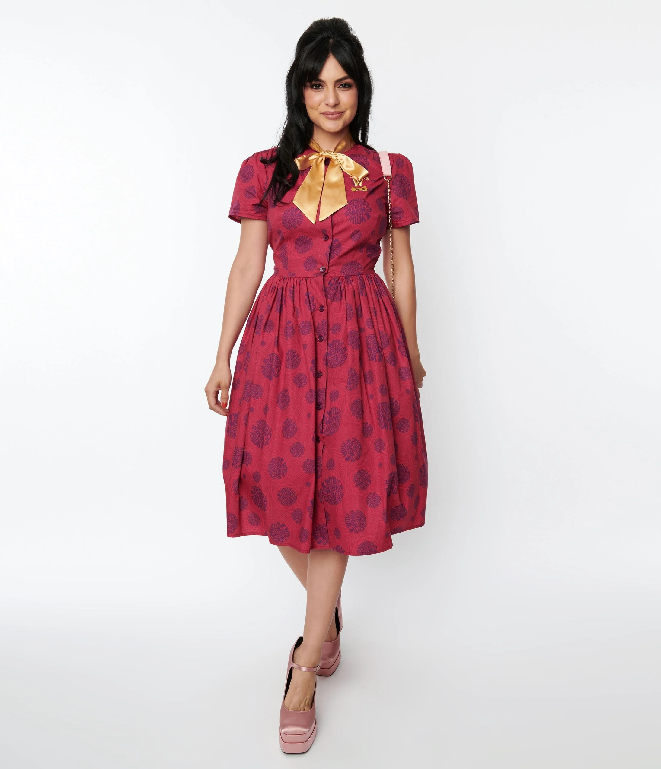 Willy Wonka x Unique Vintage Berry Swirls & Gold Bow Swing Dress