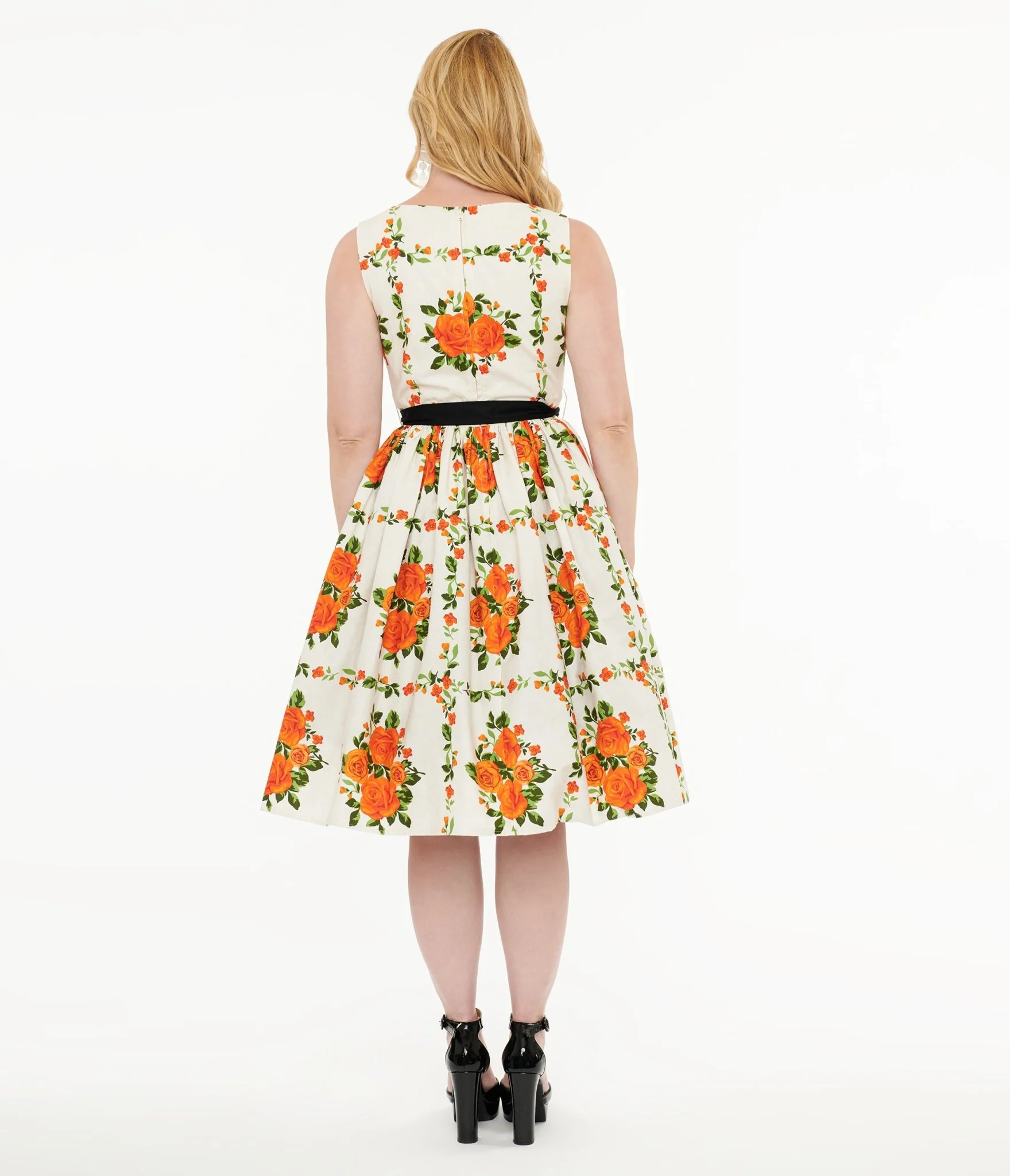 Unique Vintage 1950s Orange Fall Floral Sleeveless Swing Dress