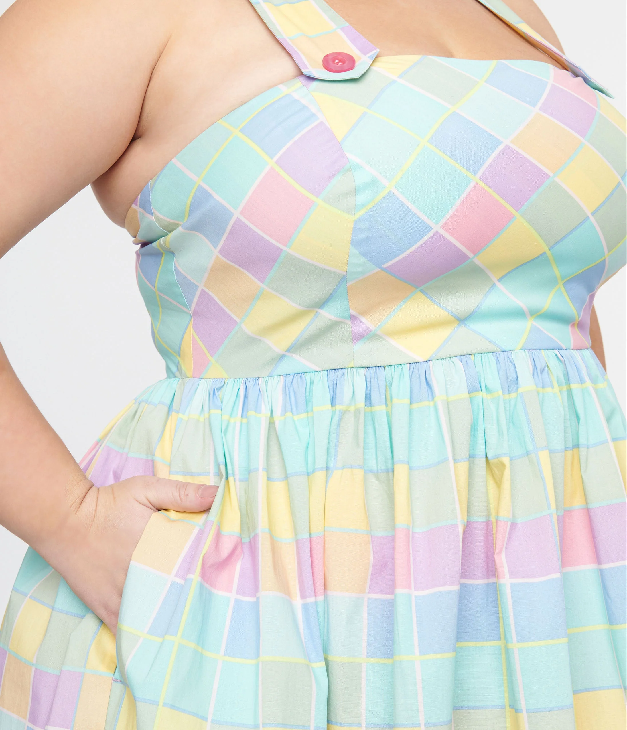 Hell Bunny Plus Size 1950s Pastel Rainbow Check Cotton Swing Dress