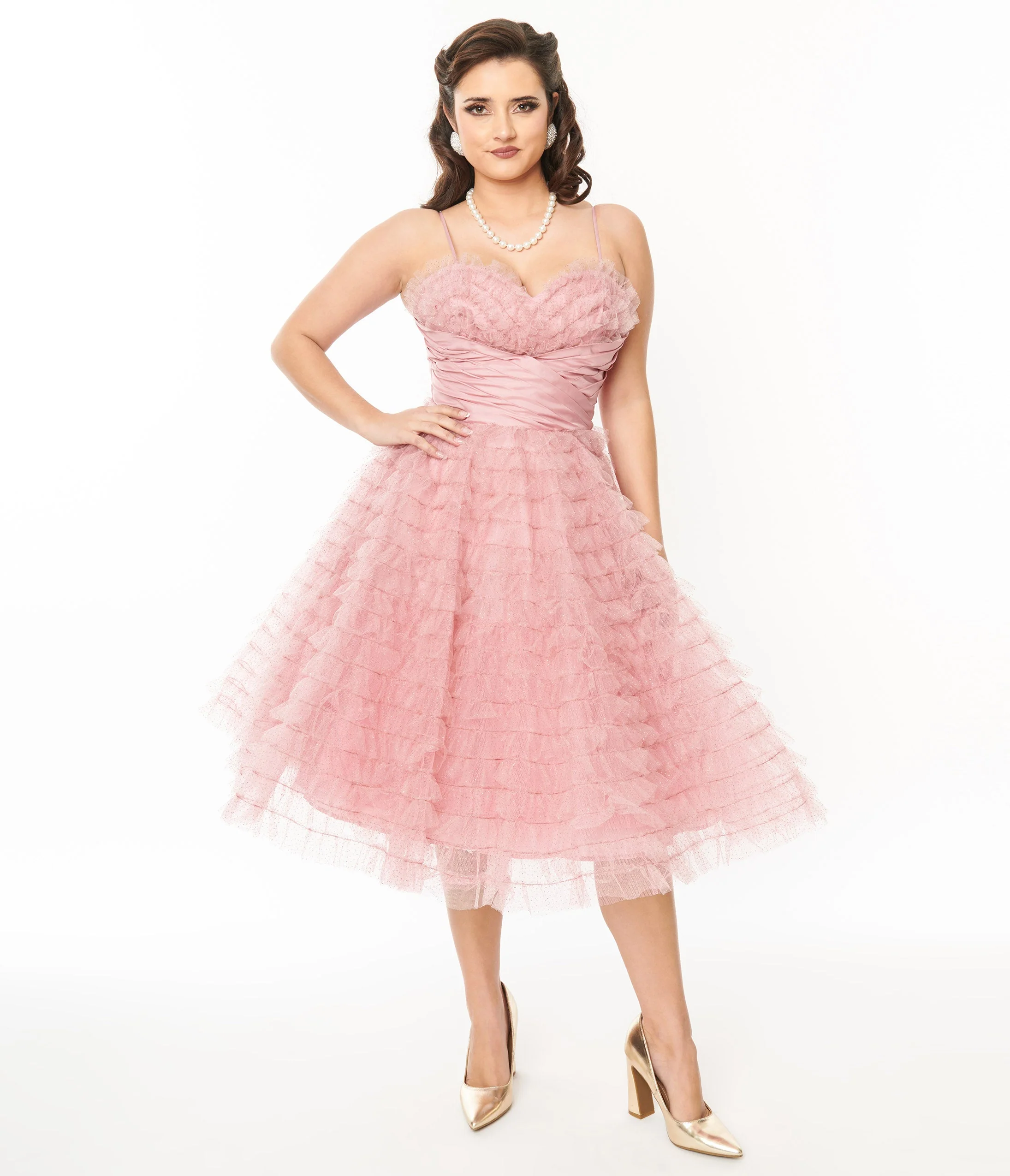 Unique Vintage Dusty Rose Glitter Tulle Cupcake Swing Dress