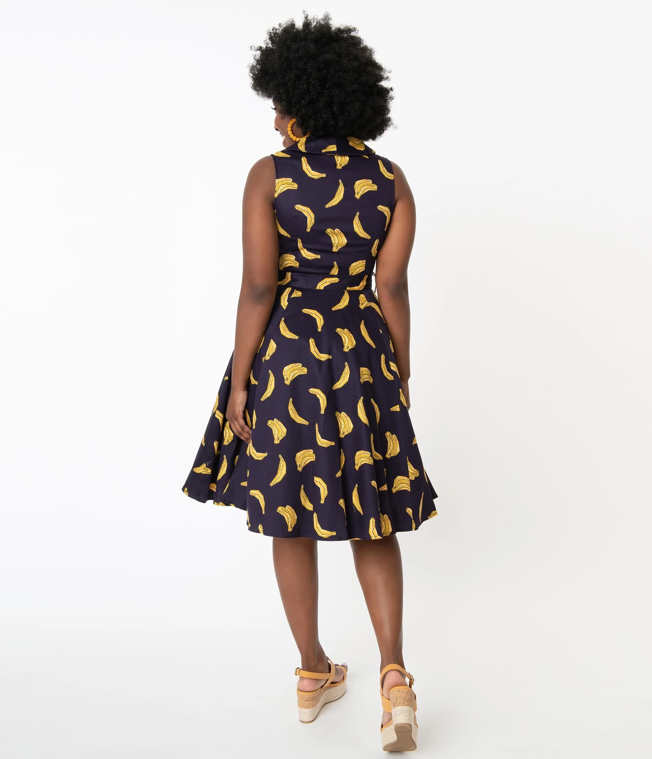 1960s Navy & Yellow Banana Print Jani Swing Dress