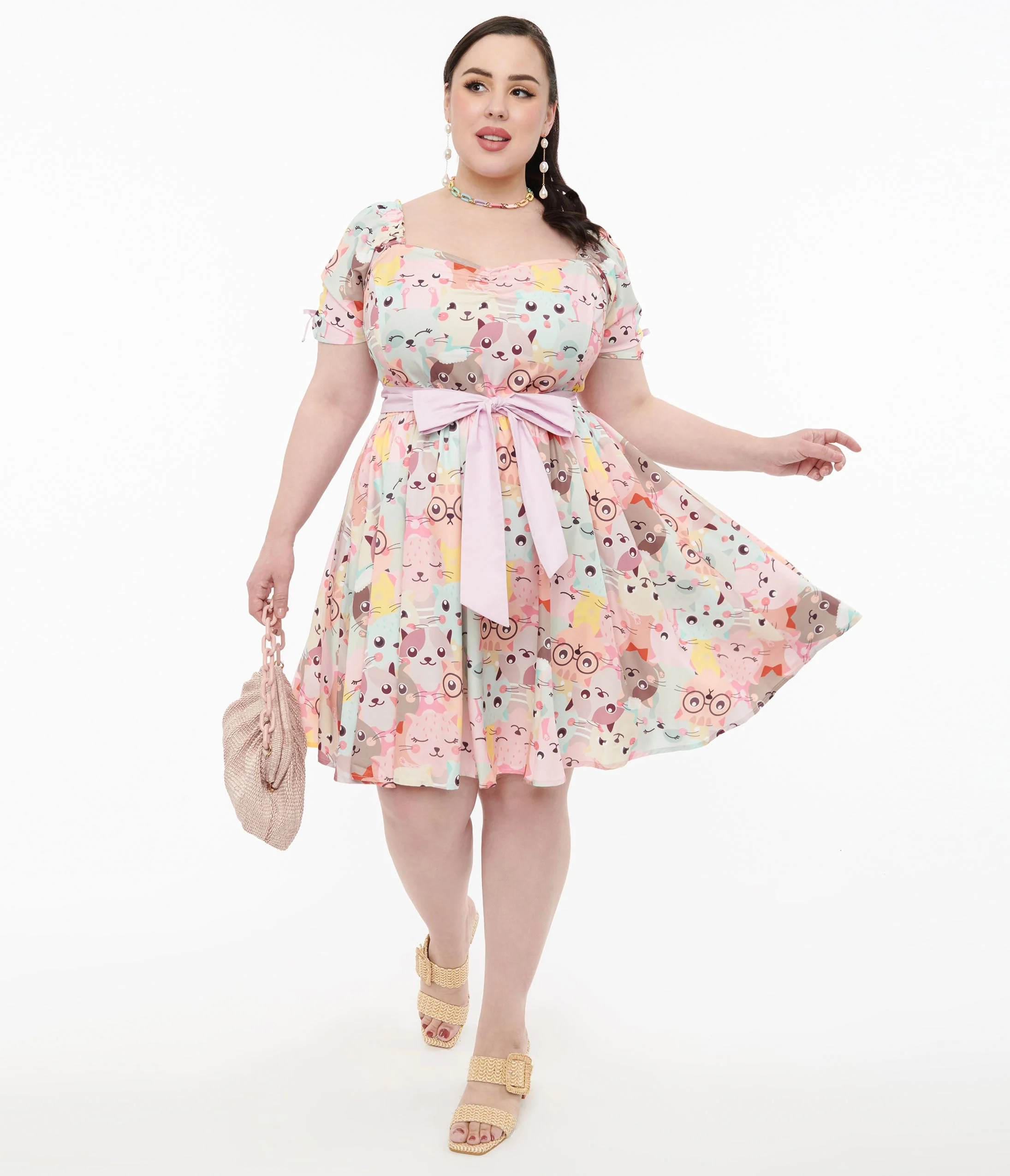 Unique Vintage Plus Size 1950s Pink & Multicolor Cat Print Dakota Flare Dress