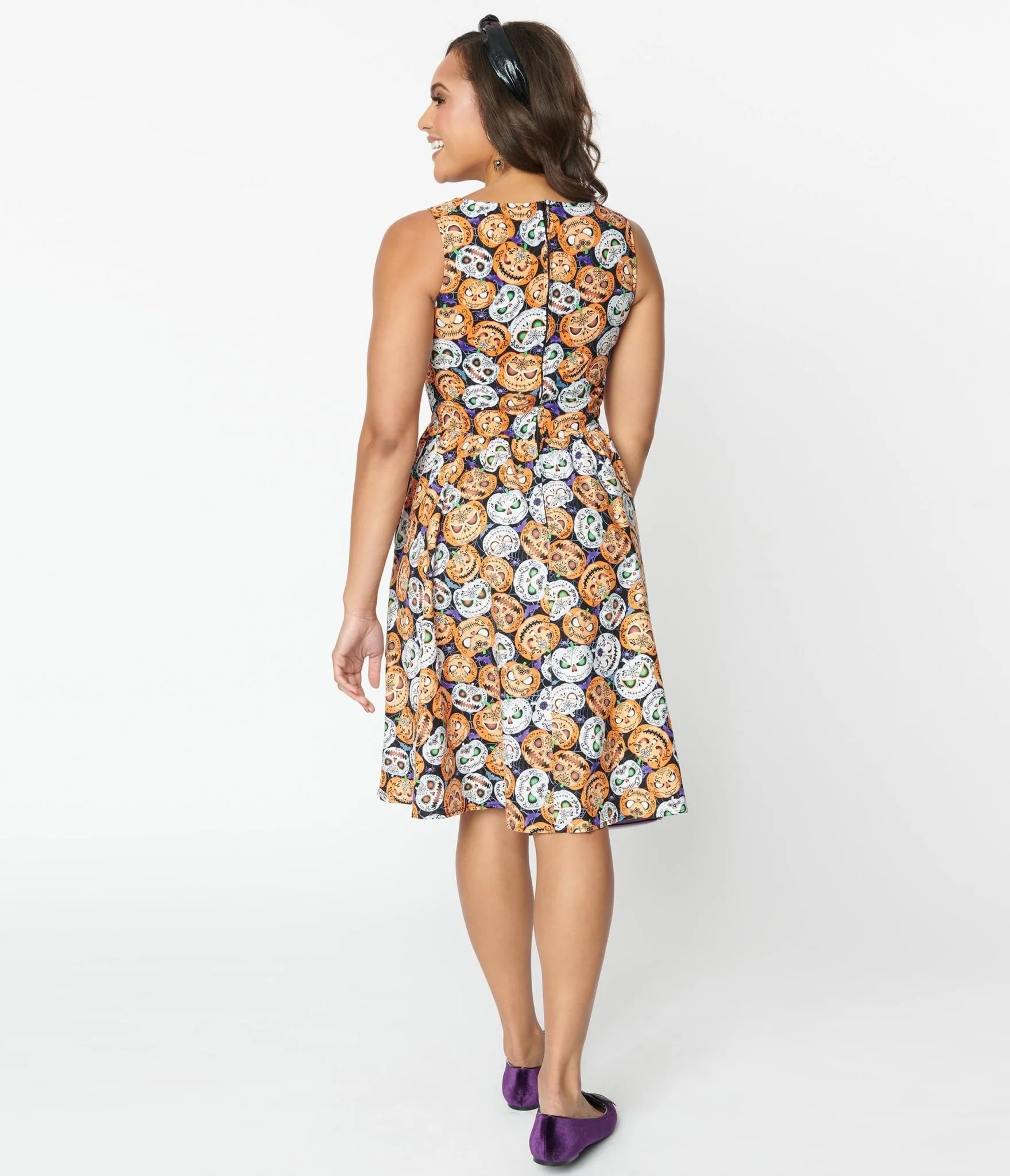 Retrolicious Black & Spooky Pumpkins Flare Dress