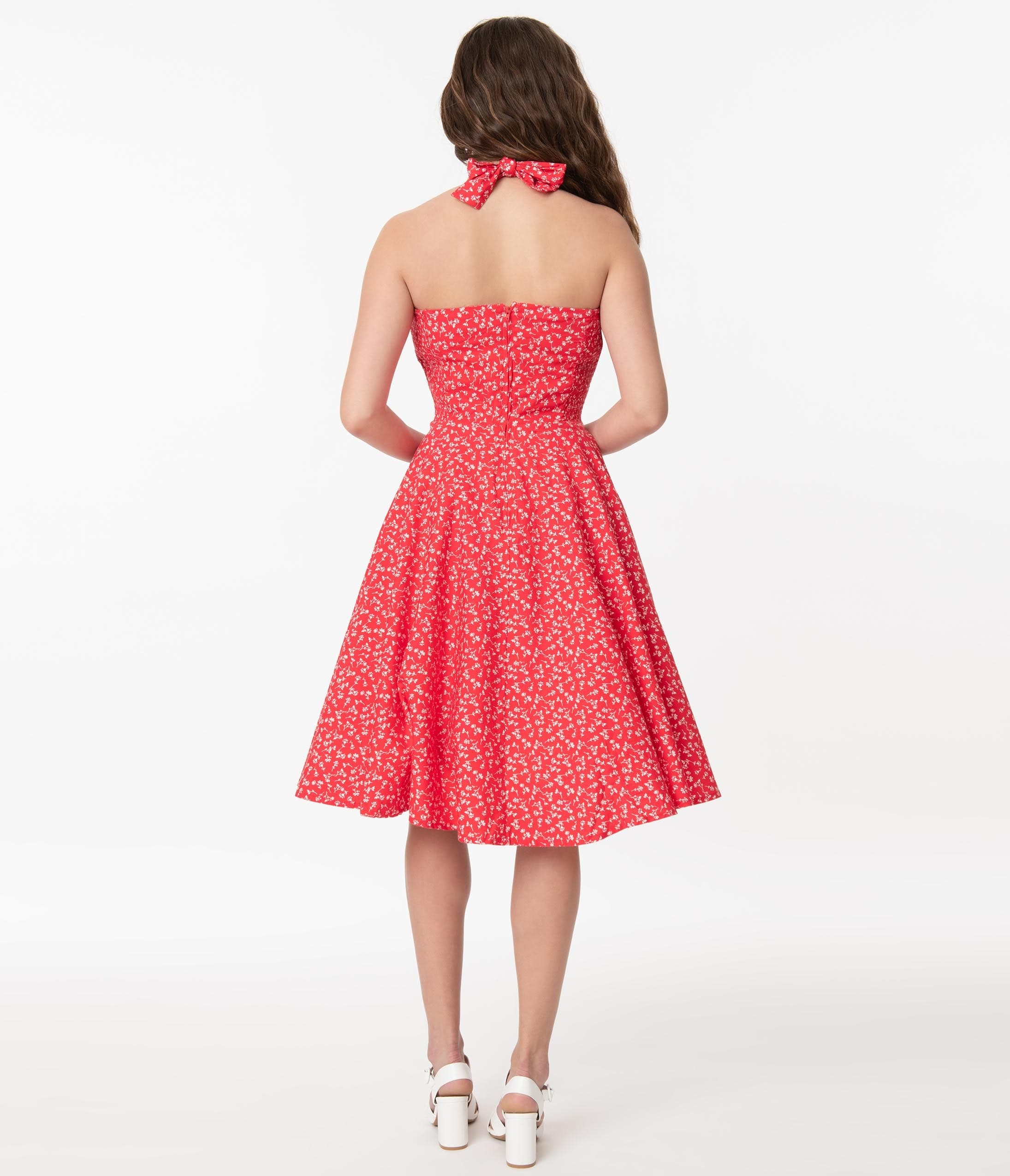 Retro Red & White Floral Halter Kimberly Swing Dress