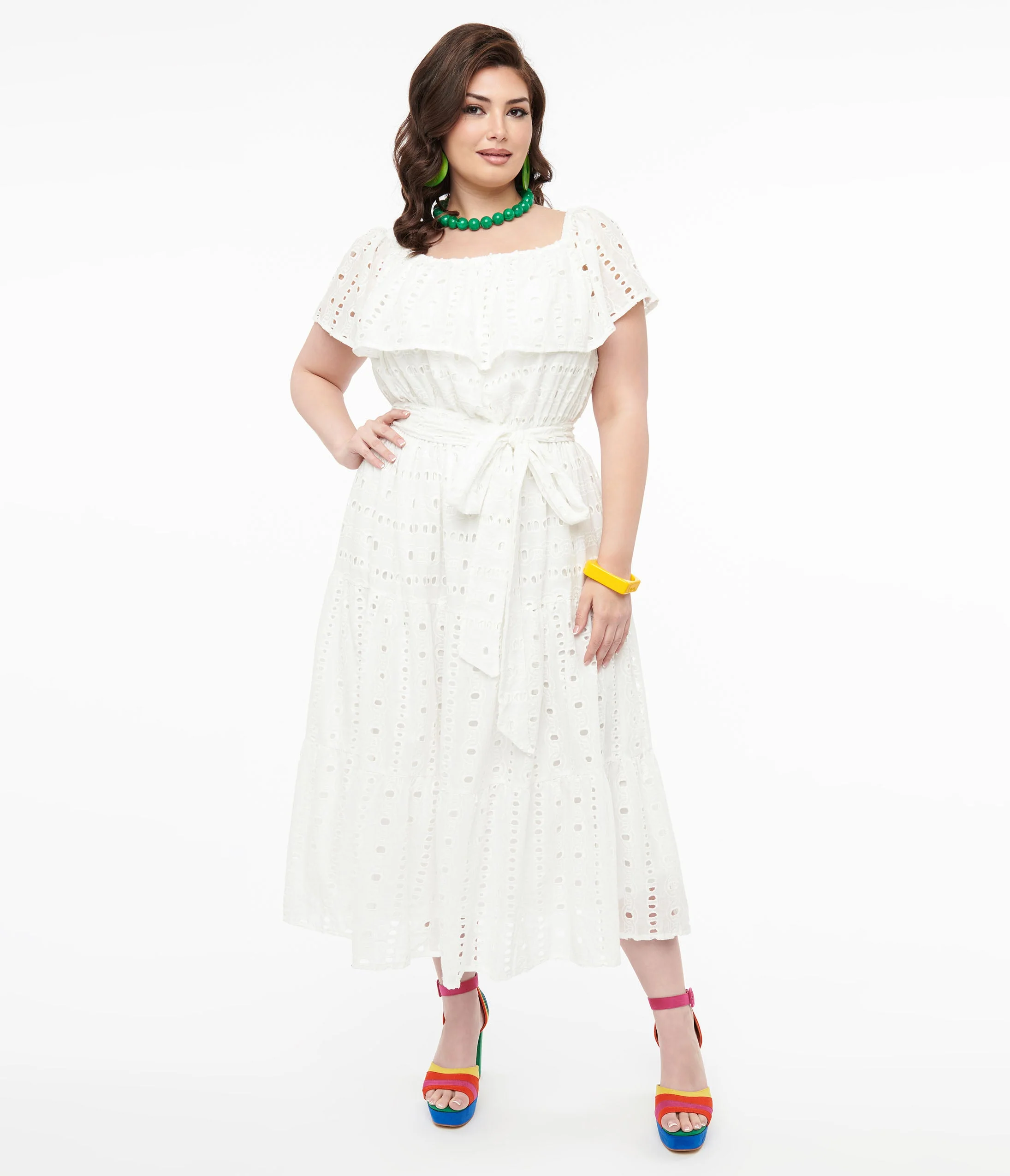 1970s White Eyelet Cotton Off The Shoulder Midi Dress