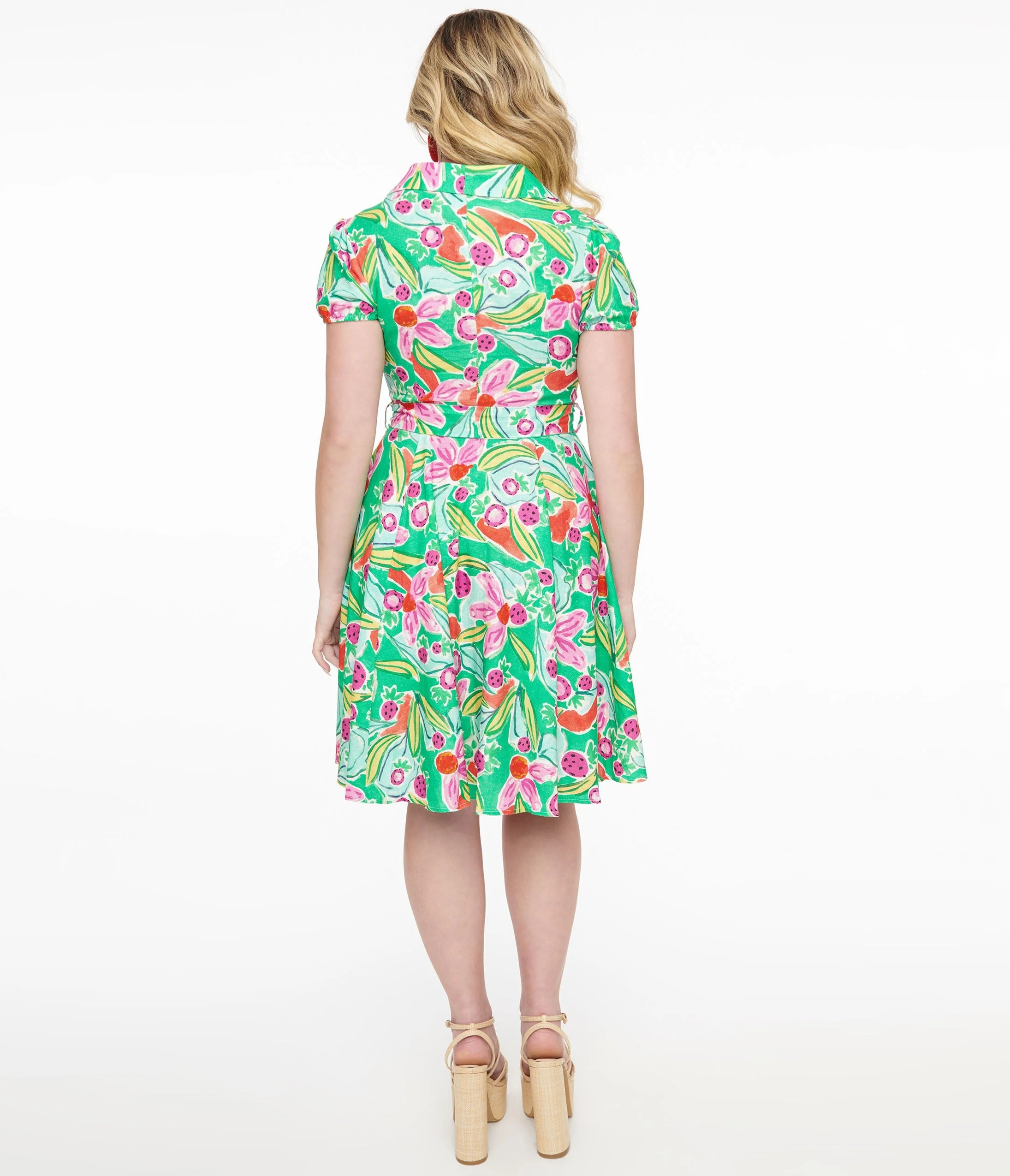 1950s Green & Pink Berry Bloom Print Monroe Fit & Flare Dress