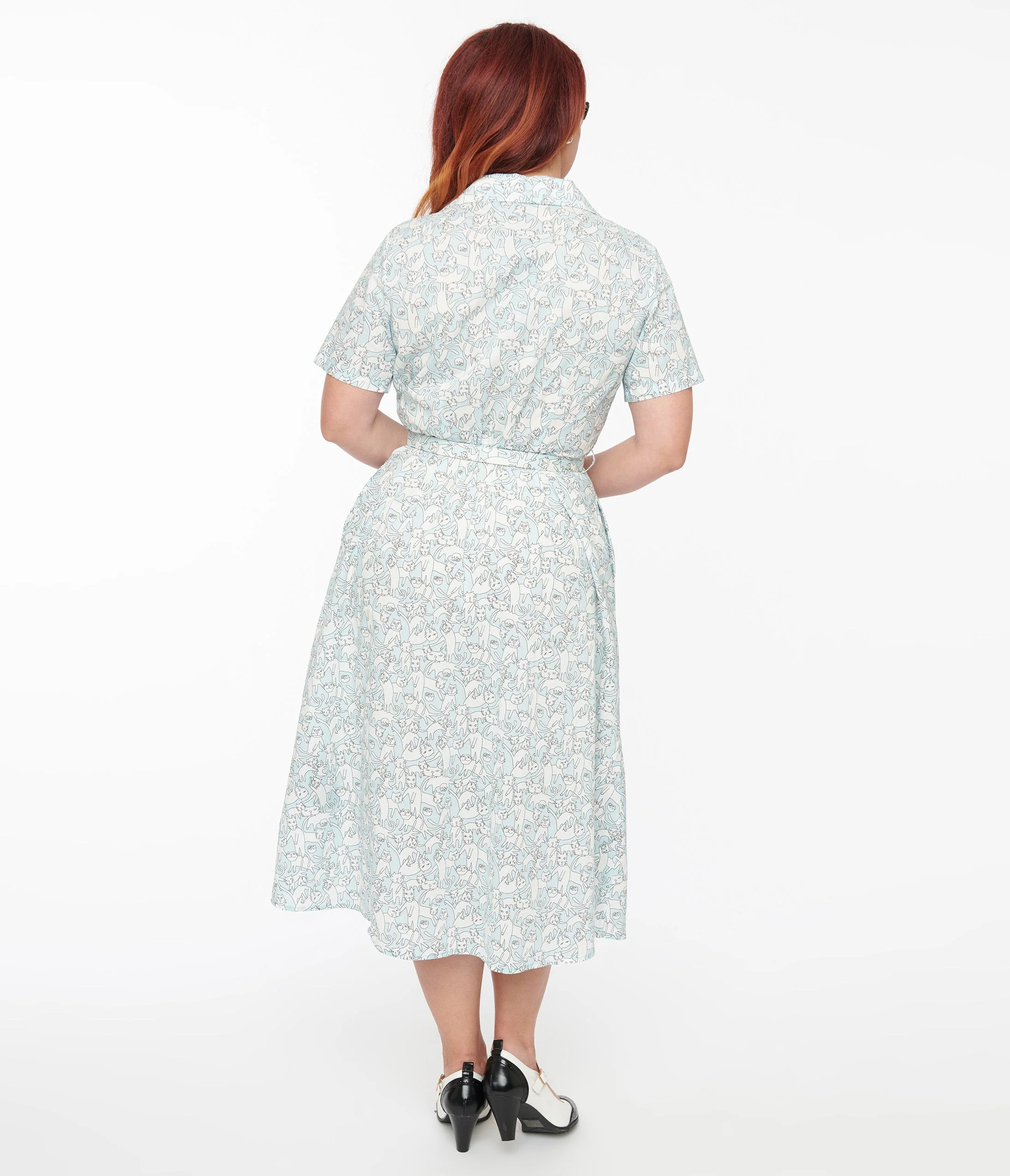 1940s Light Blue & White Cat Print Cotton Midi Dress