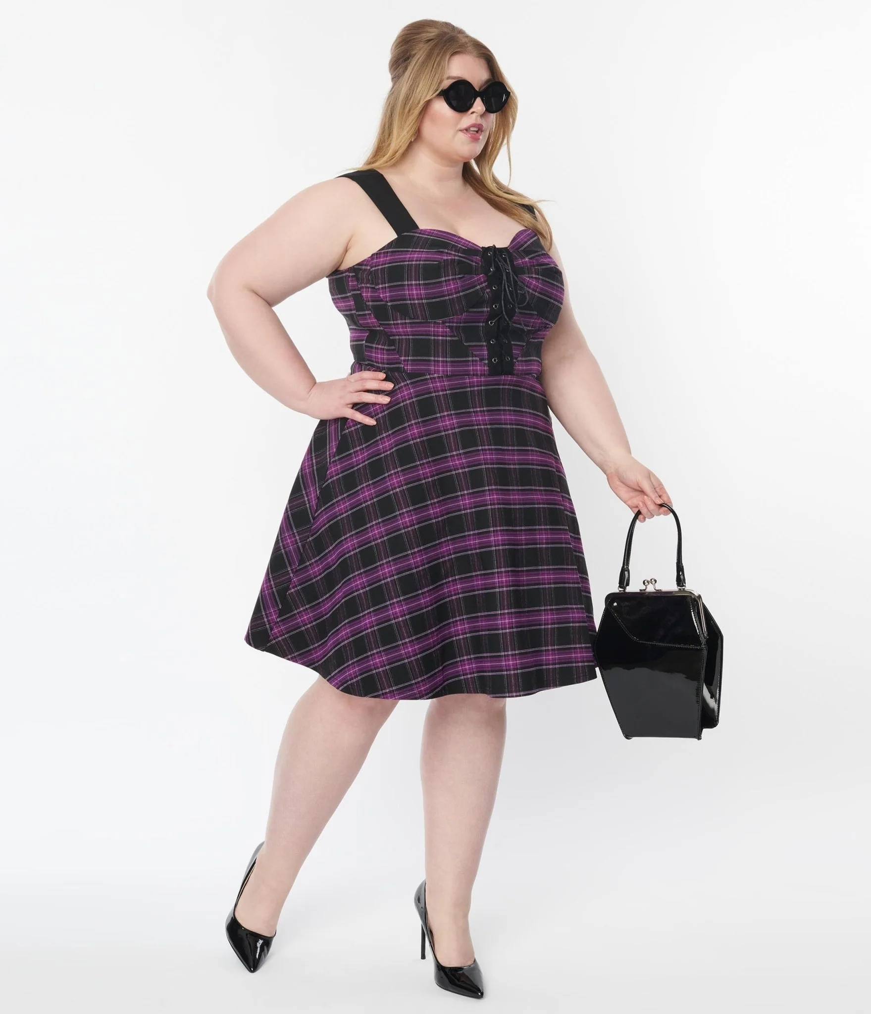 Unique Vintage Plus Size Purple Plaid Corset Flare Dress