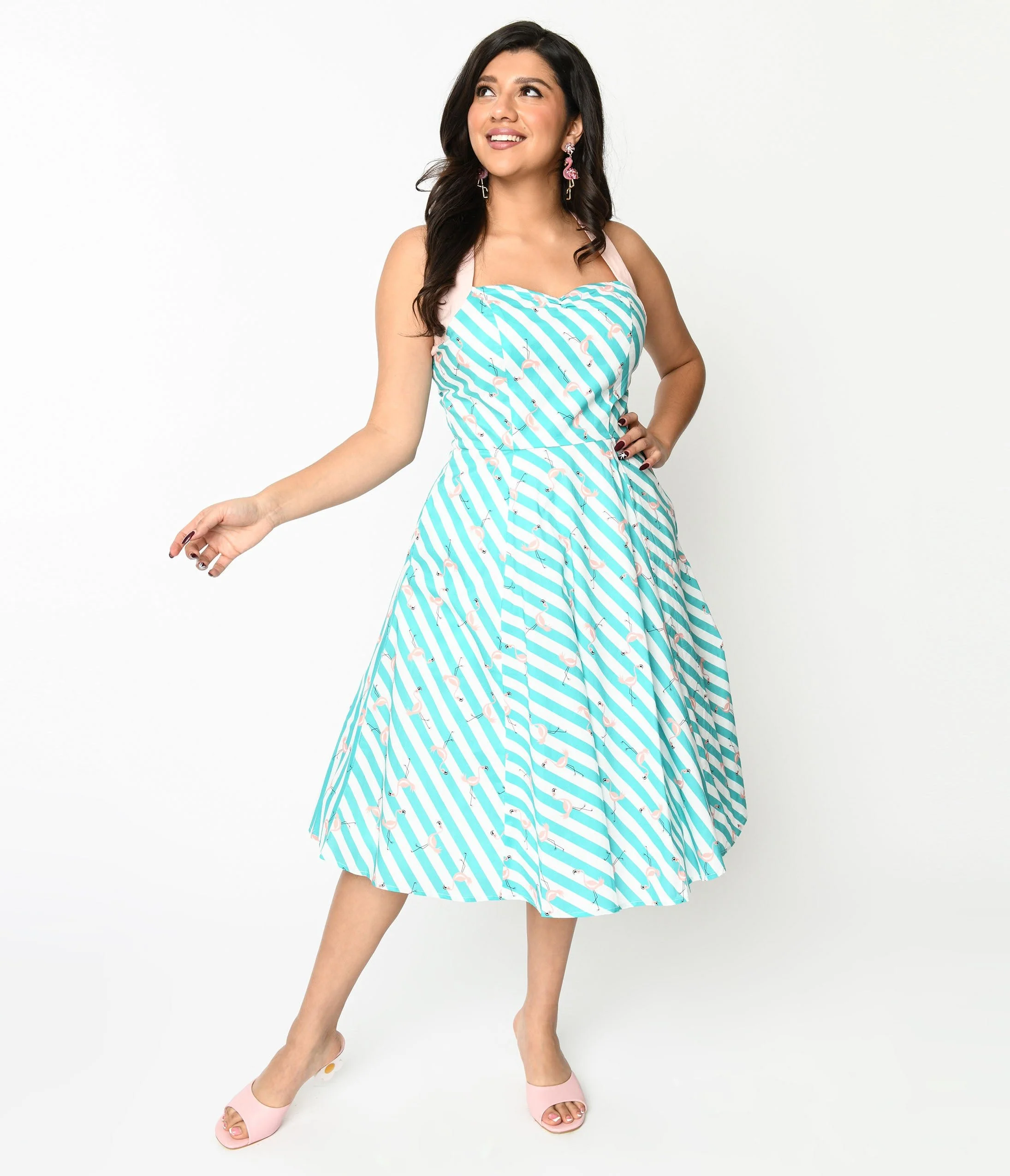 Teal & White Striped Flamingo Print Swing Dress