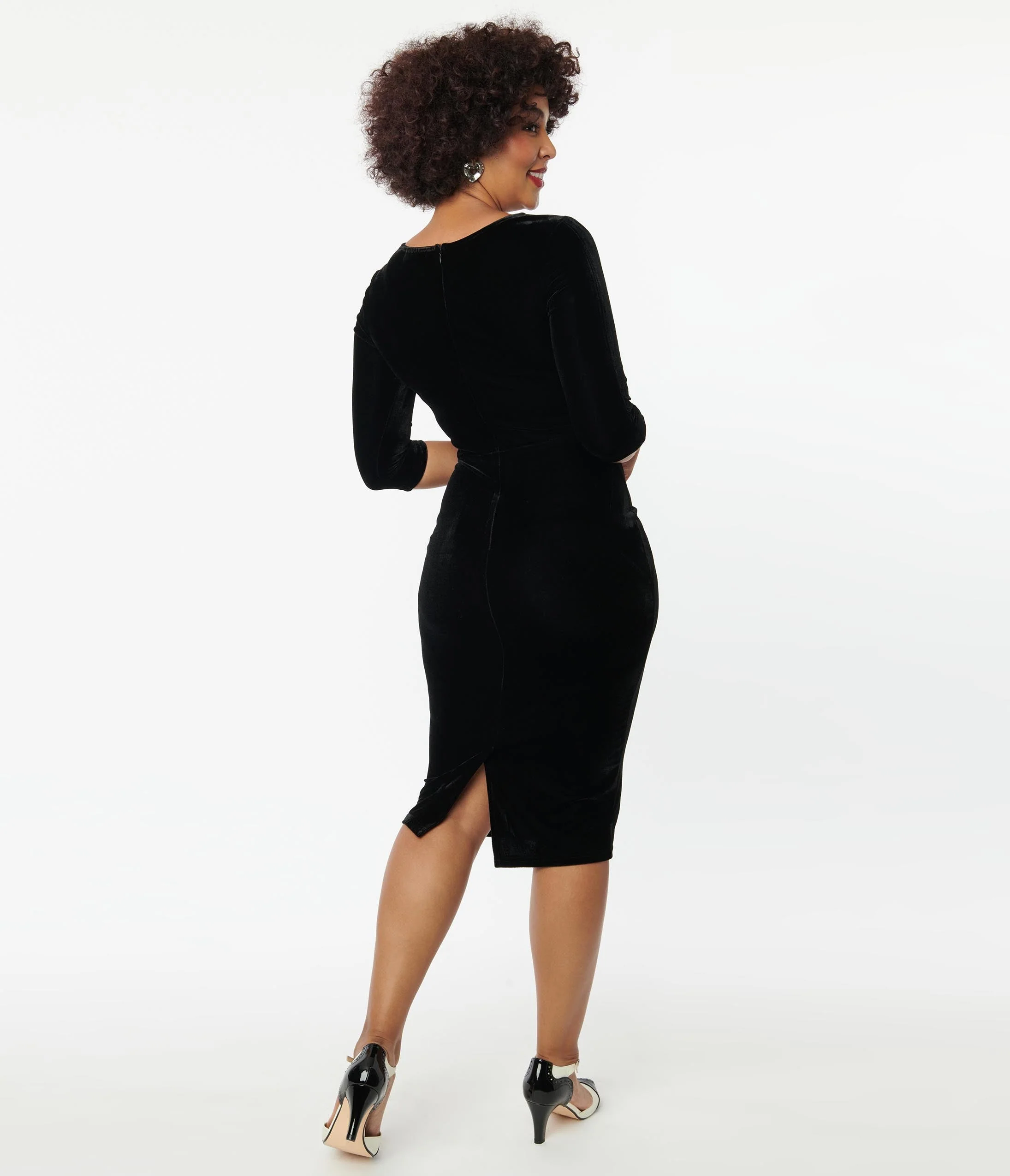 Unique Vintage Black Velvet Sleeved Mod Wiggle Dress