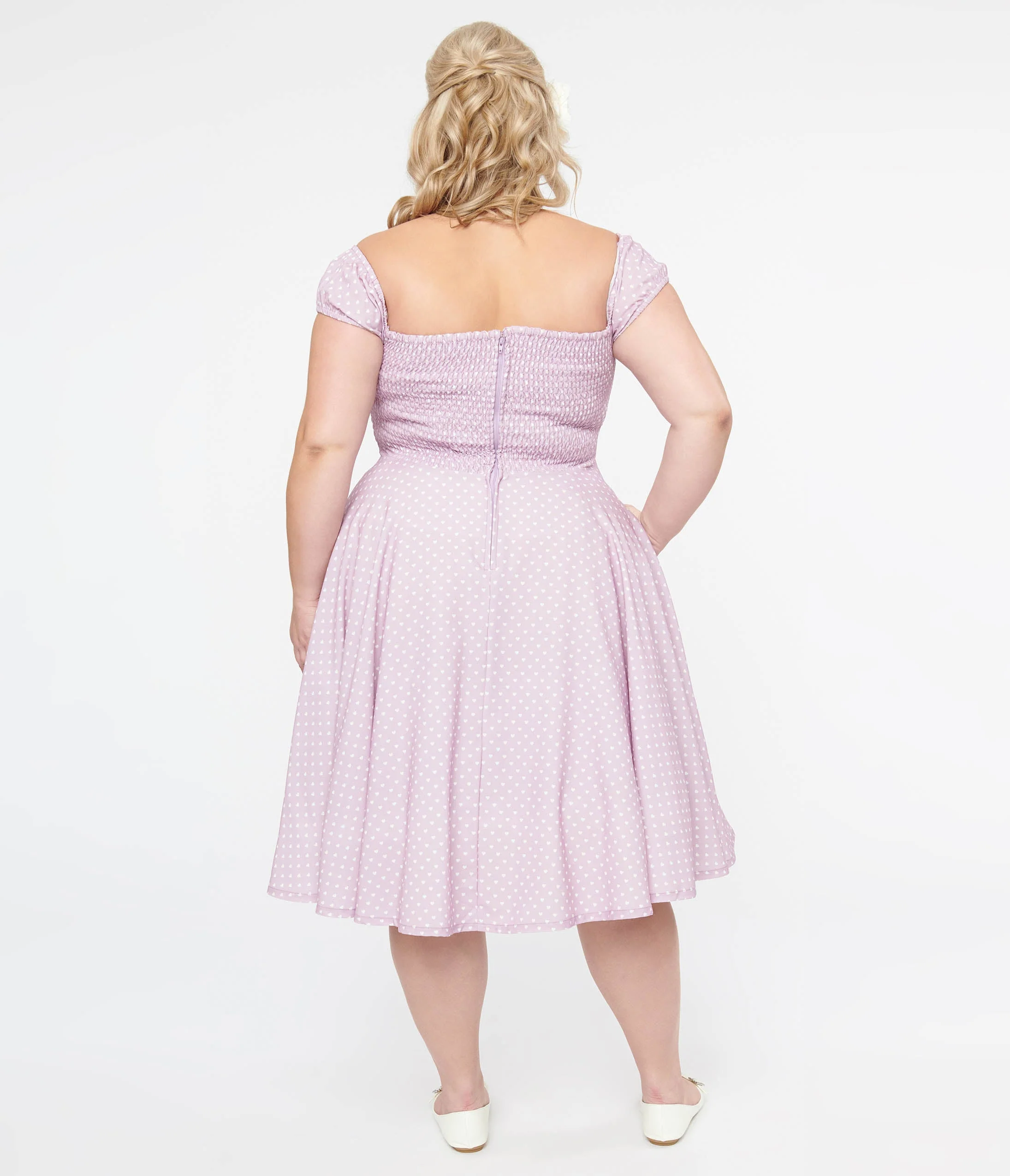 Plus Size 1950s Lavender & White Heart Print Victoria Swing Dress