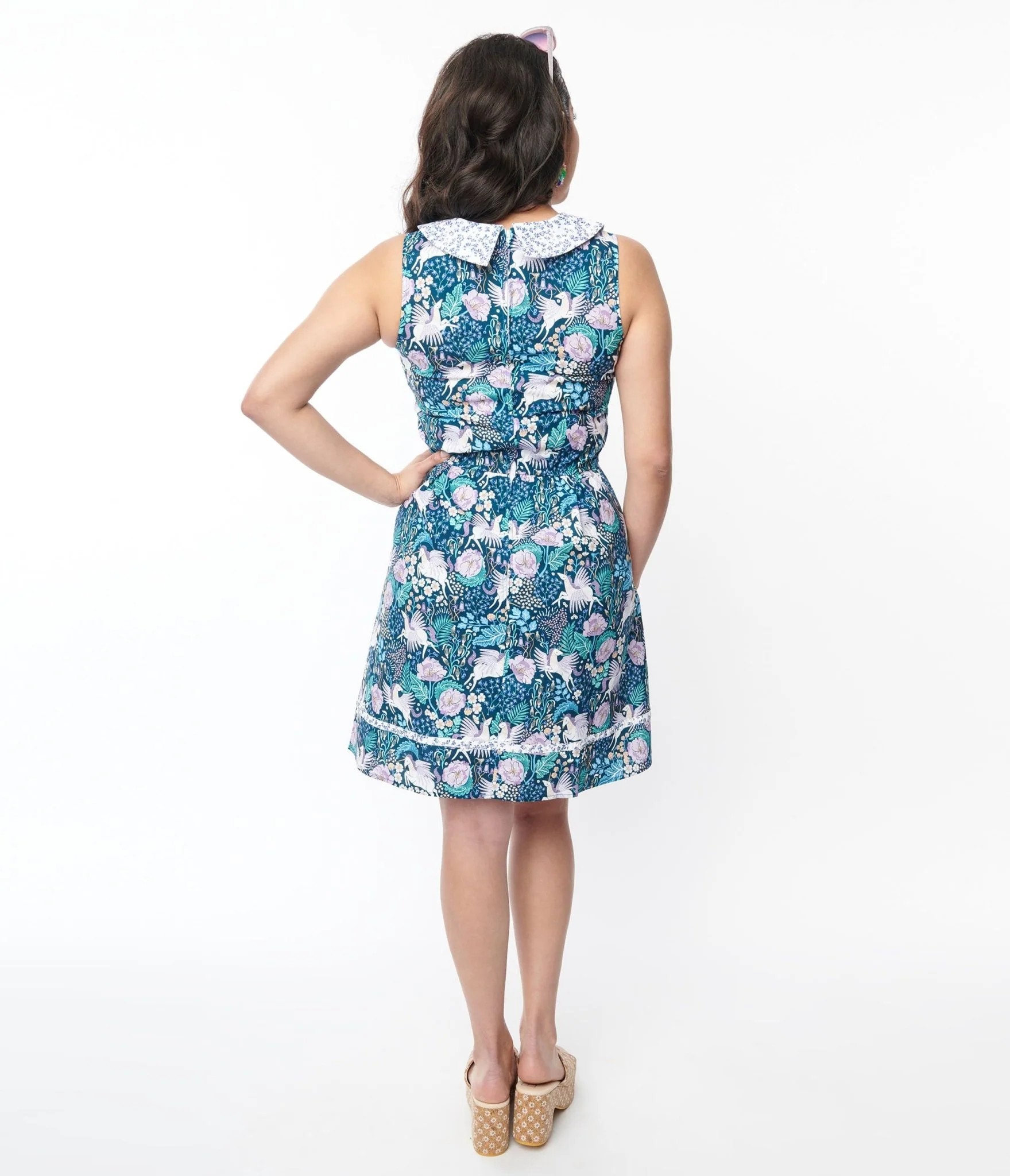 Retrolicious Blue Pegasus & Floral Flare Dress
