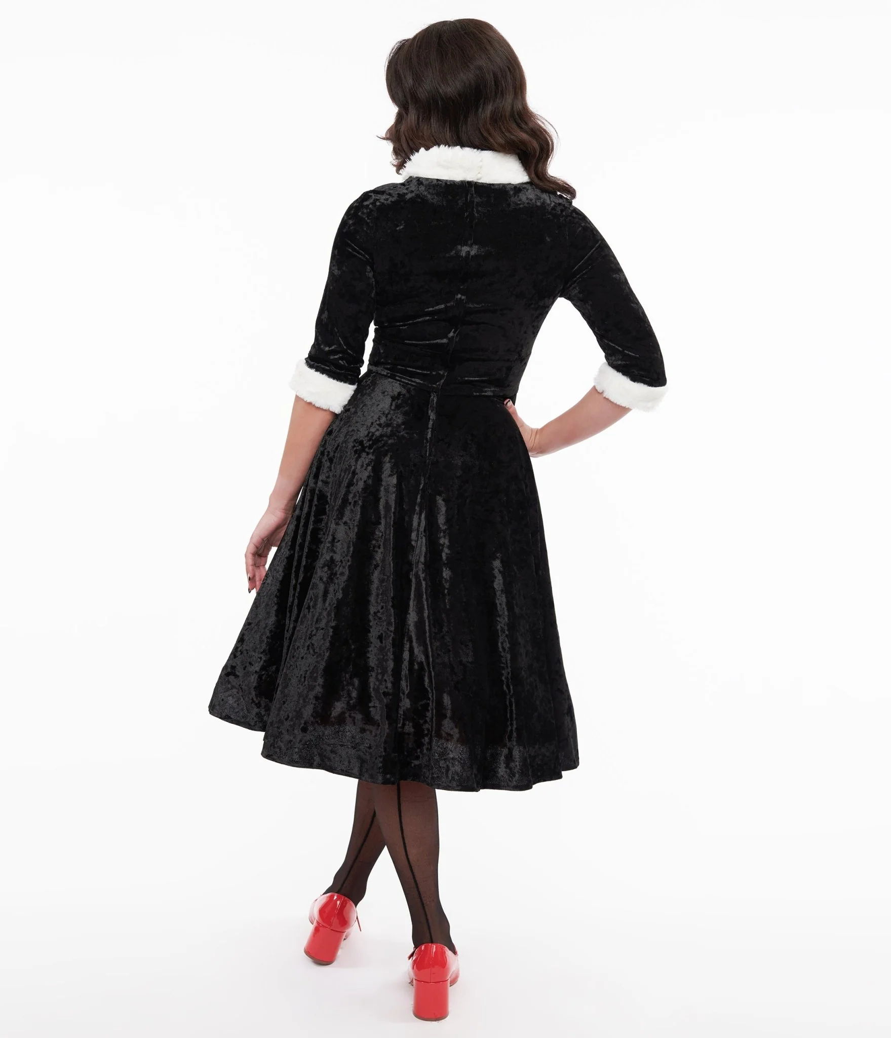Unique Vintage 1950s Black Crushed Velvet & White Fur Delores Swing Dress