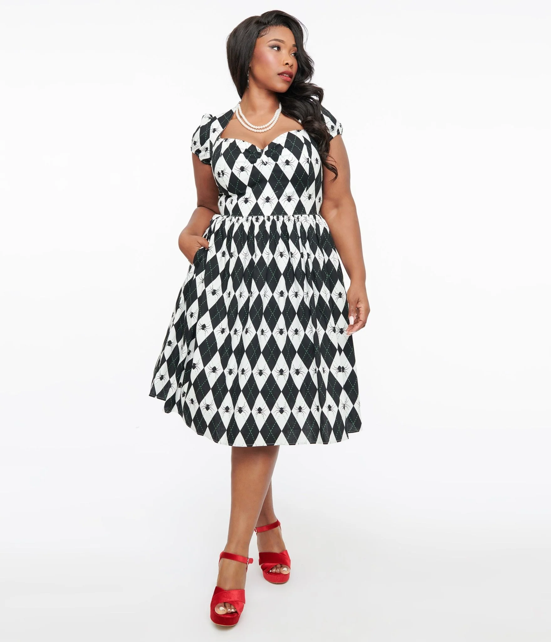 Hell Bunny Plus Size Black & White Argyle Spider Print Regina Fit & Flare Dress