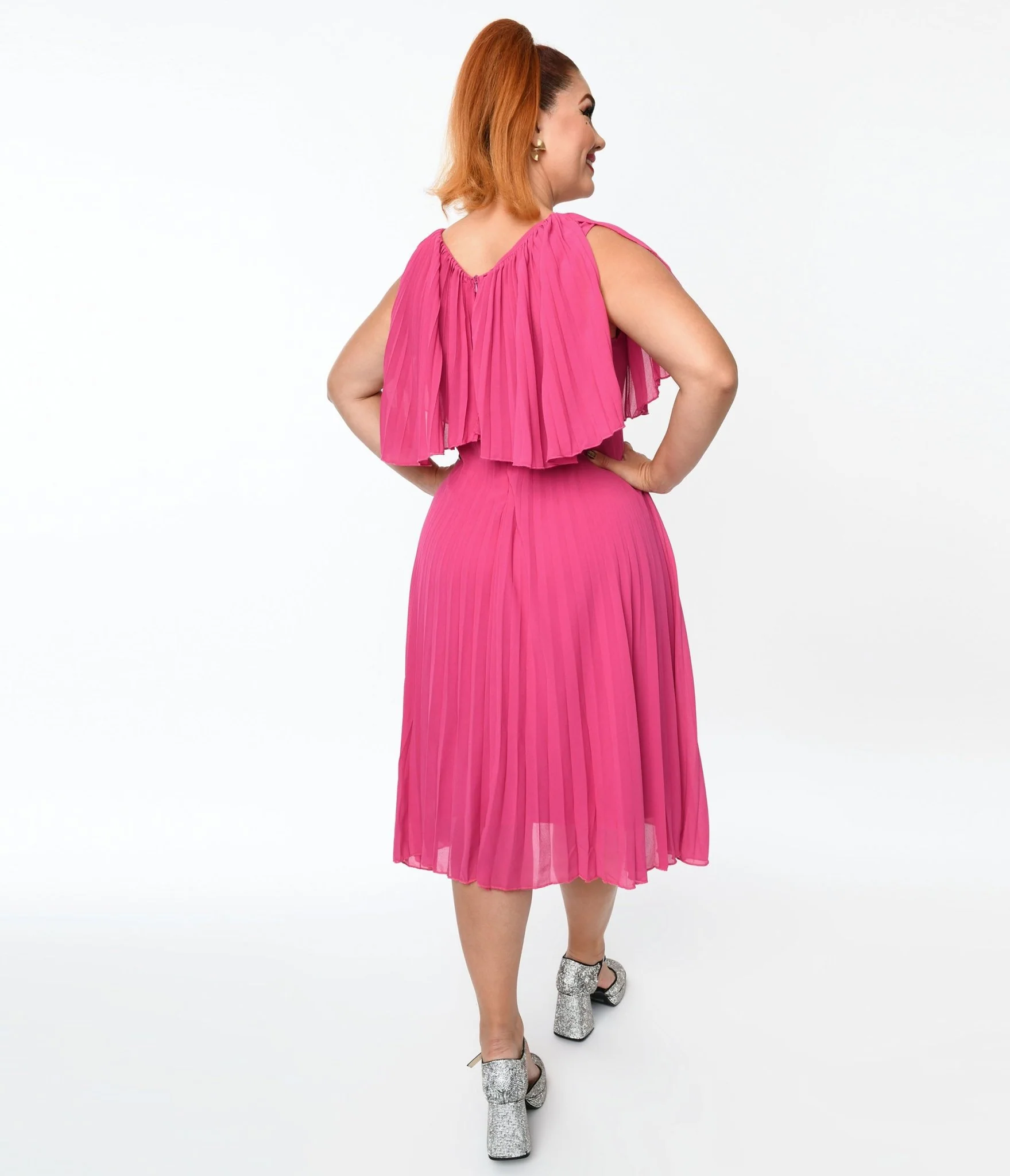 Plus Size Fuchsia Pleated Midi Dress