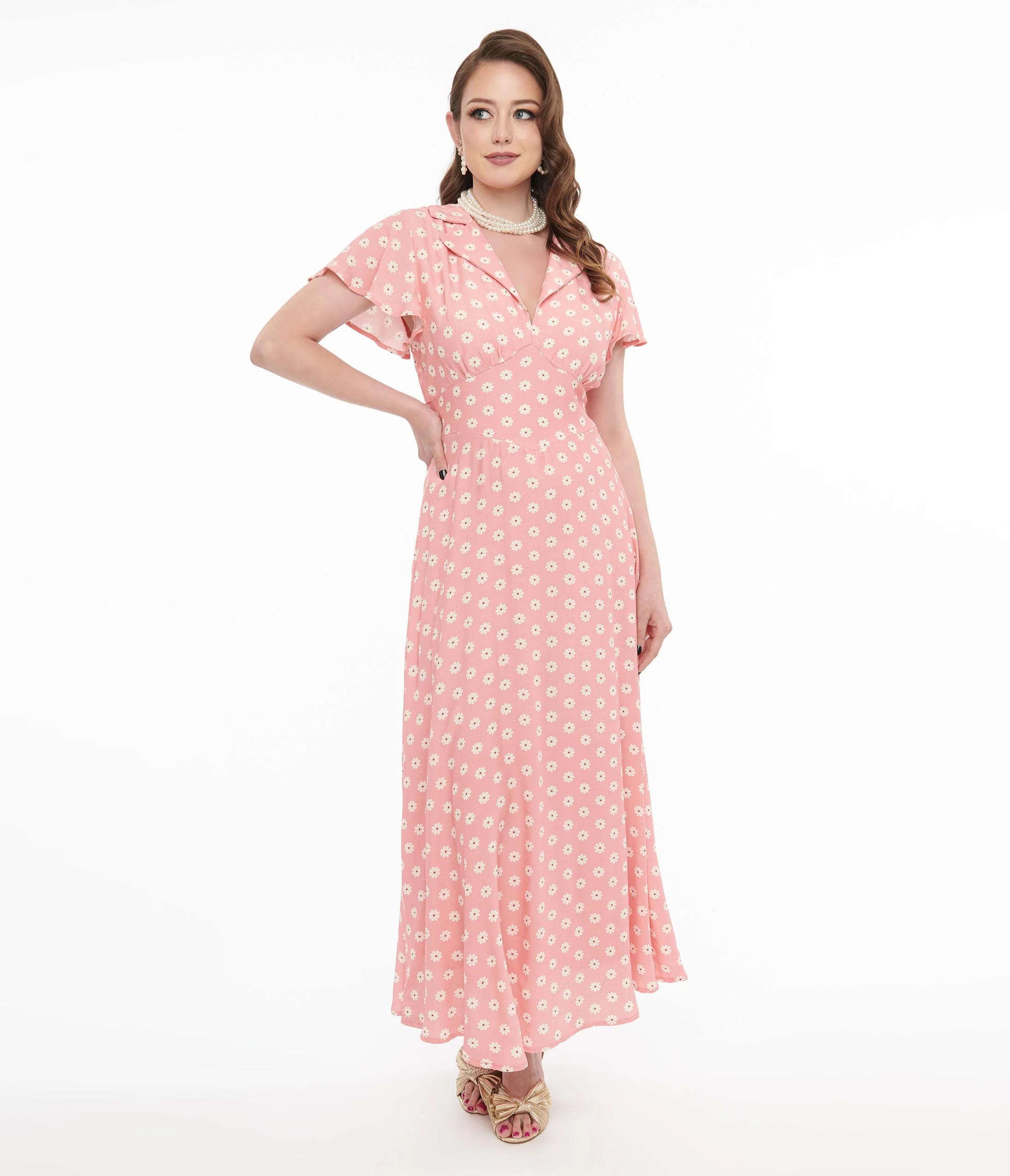 1930s Pink Daisy Salome Midi Dress