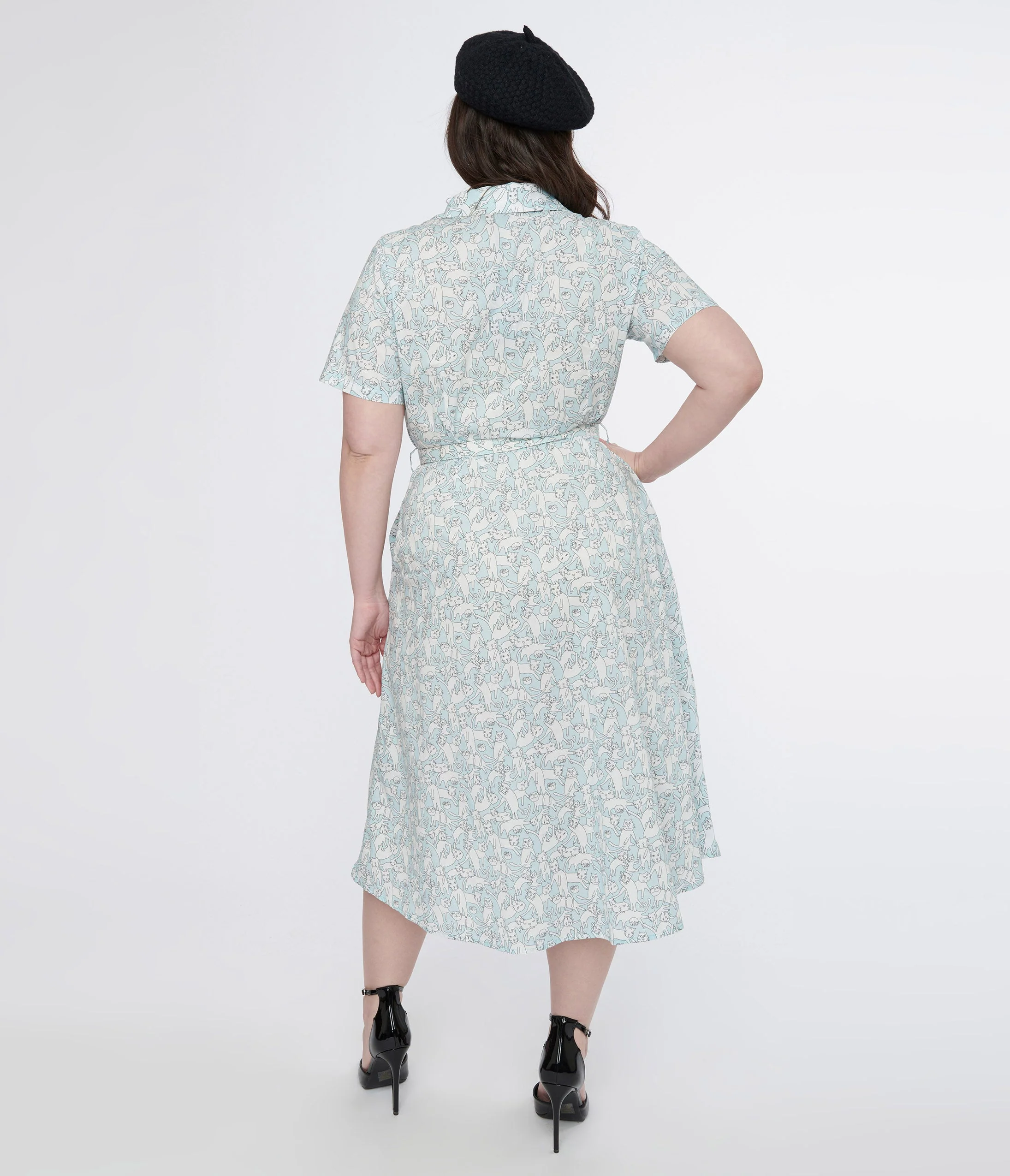 Plus Size 1940s Light Blue & White Cat Print Cotton Midi Dress