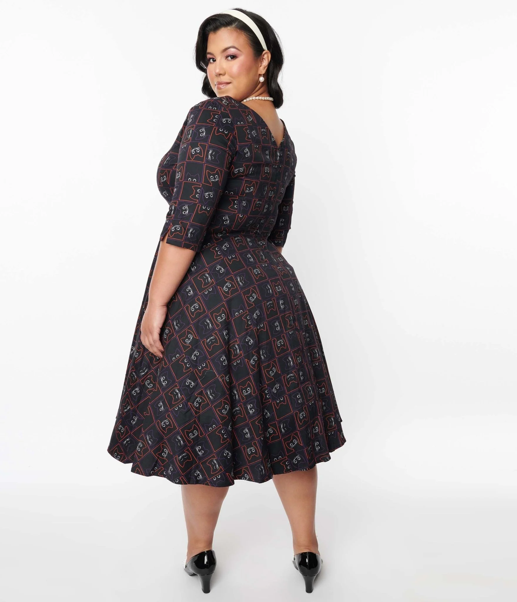 Black Kitty Cat Checkered Swing Dress