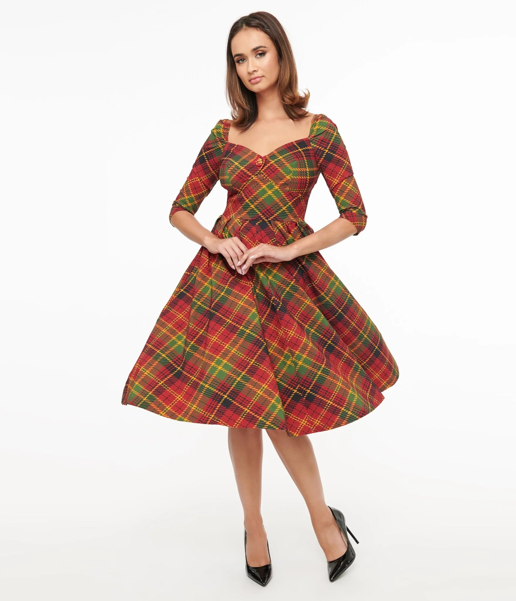 Unique Vintage 1950s Burnt Orange & Green Plaid Lamar Swing Dress