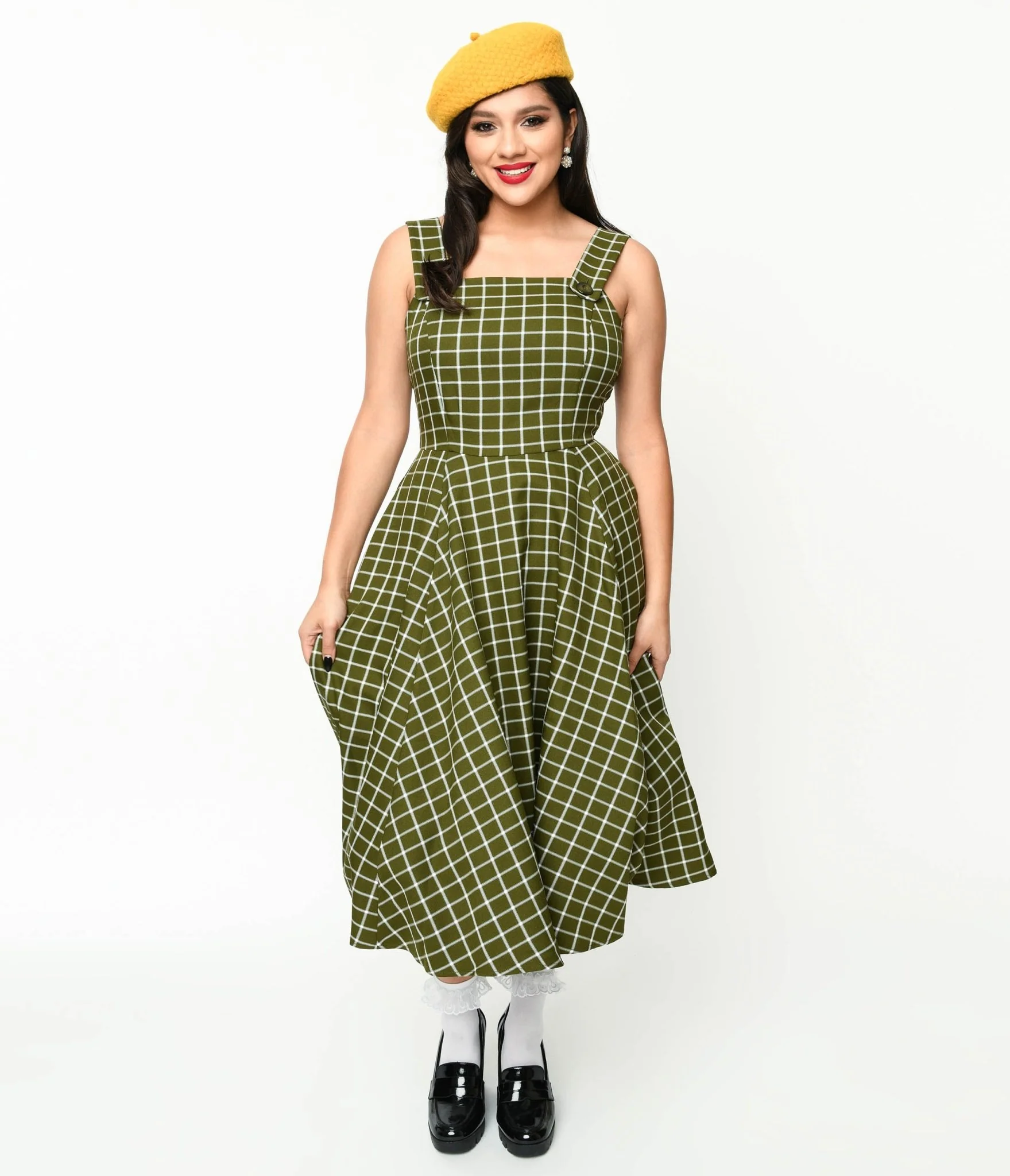 Collectif Green & White Checked Eloise Acres Swing Dress