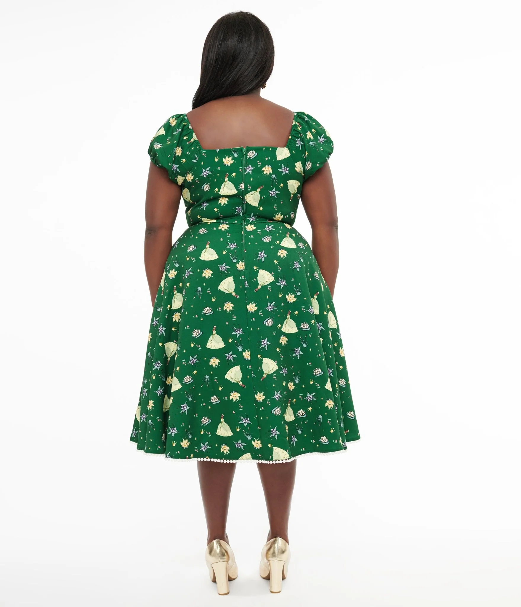 Disney Princess collection by Unique Vintage Plus Size Green Princess Tiana All Over Print Swing Dress