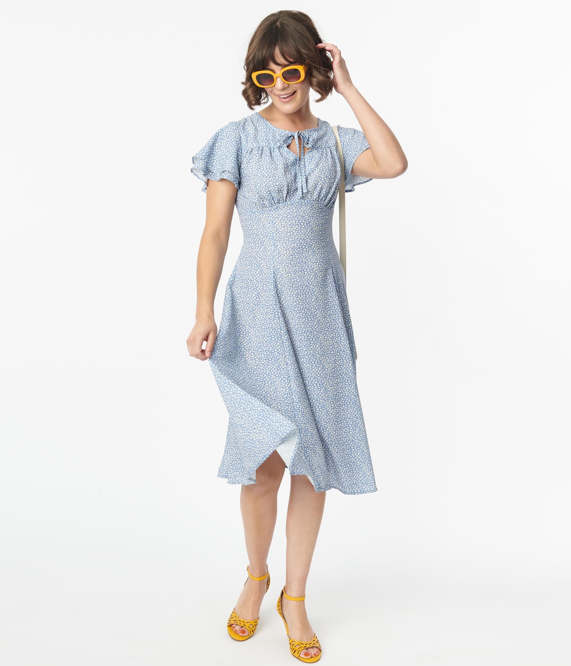 Blue & White Floral Print Lydia Swing Dress