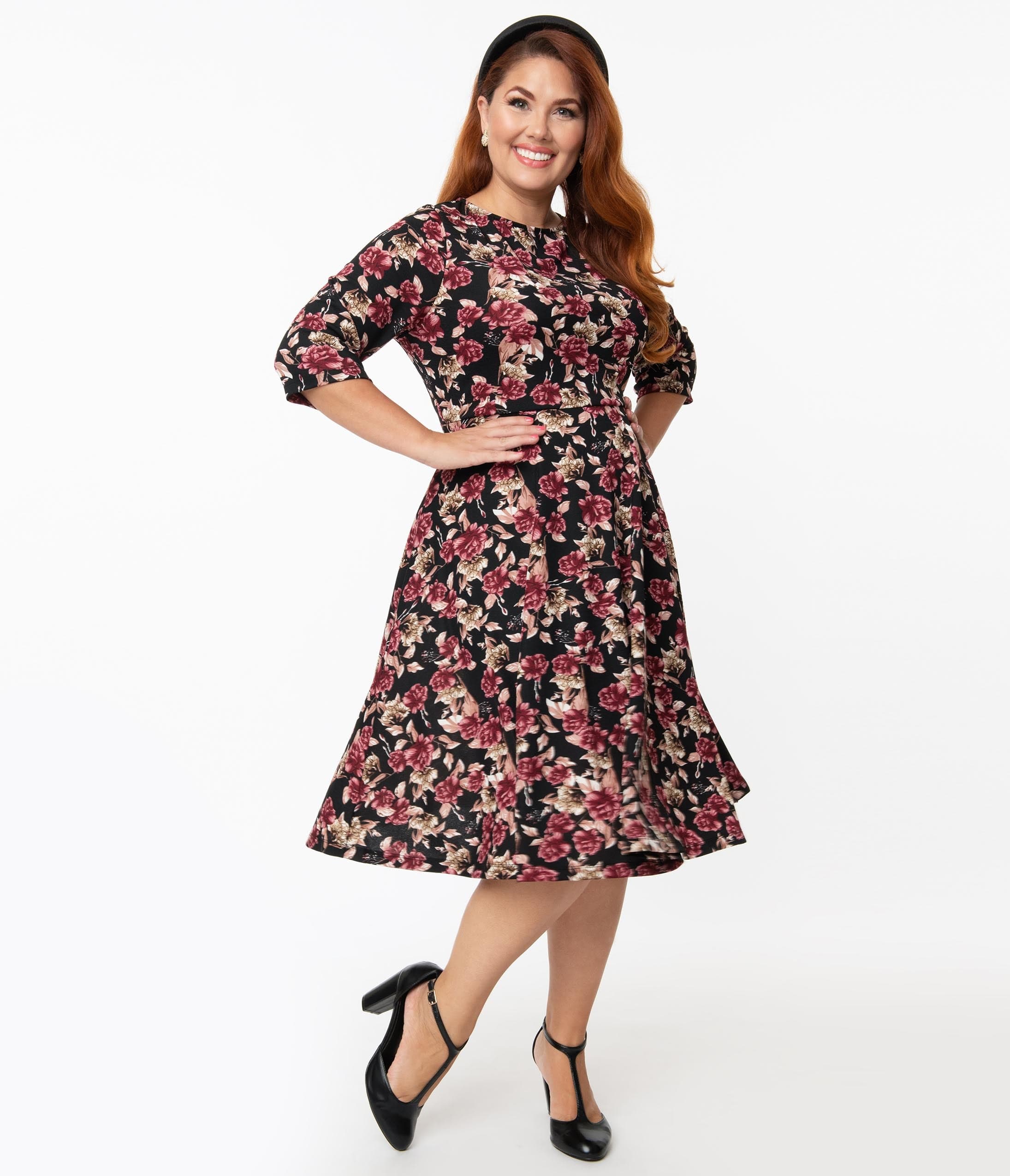 Unique Vintage Plus Size Black & Burgundy Floral Nicole Swing Dress