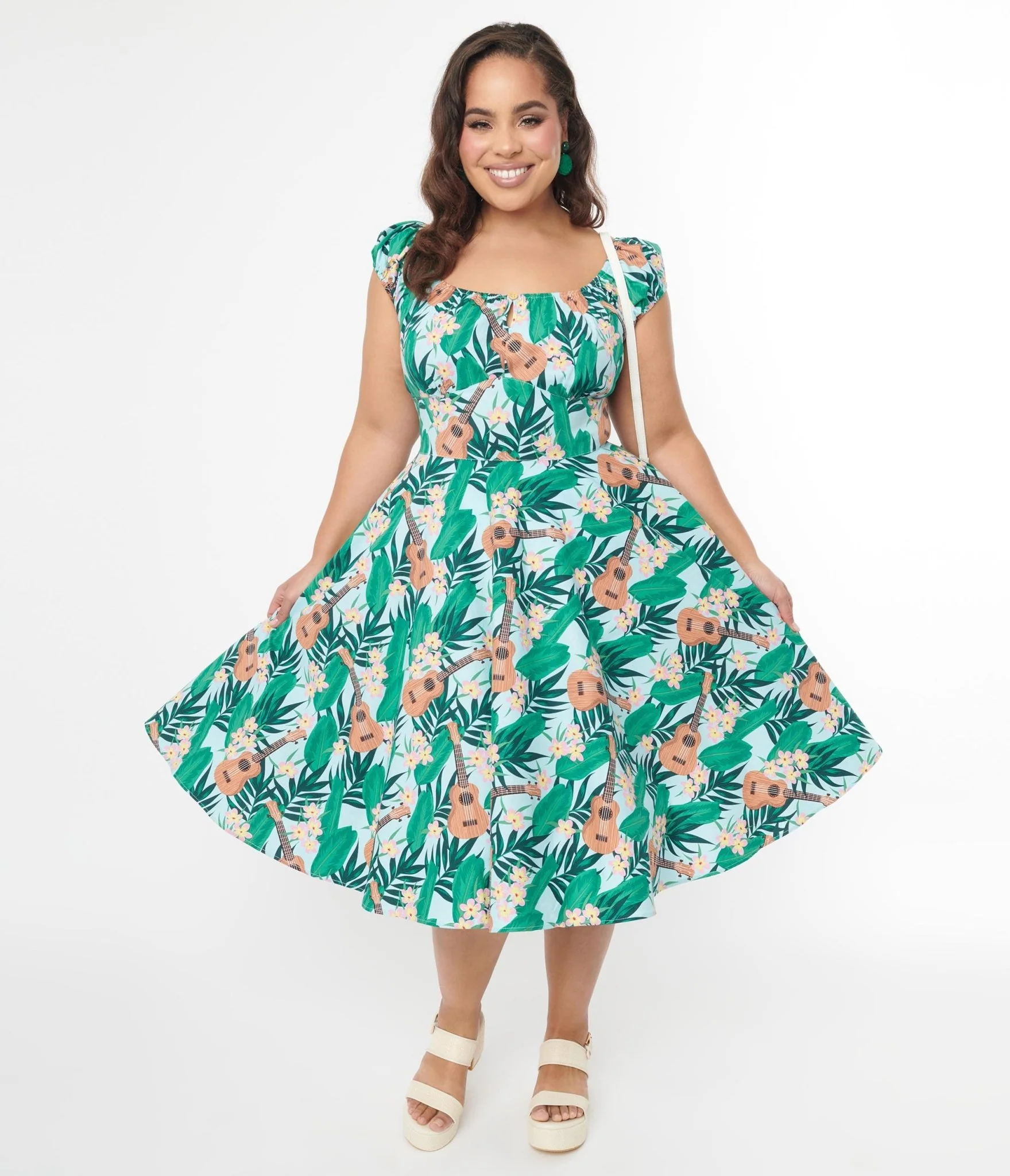 Hell Bunny Light Blue & Green Tropical Ukulele Swing Dress