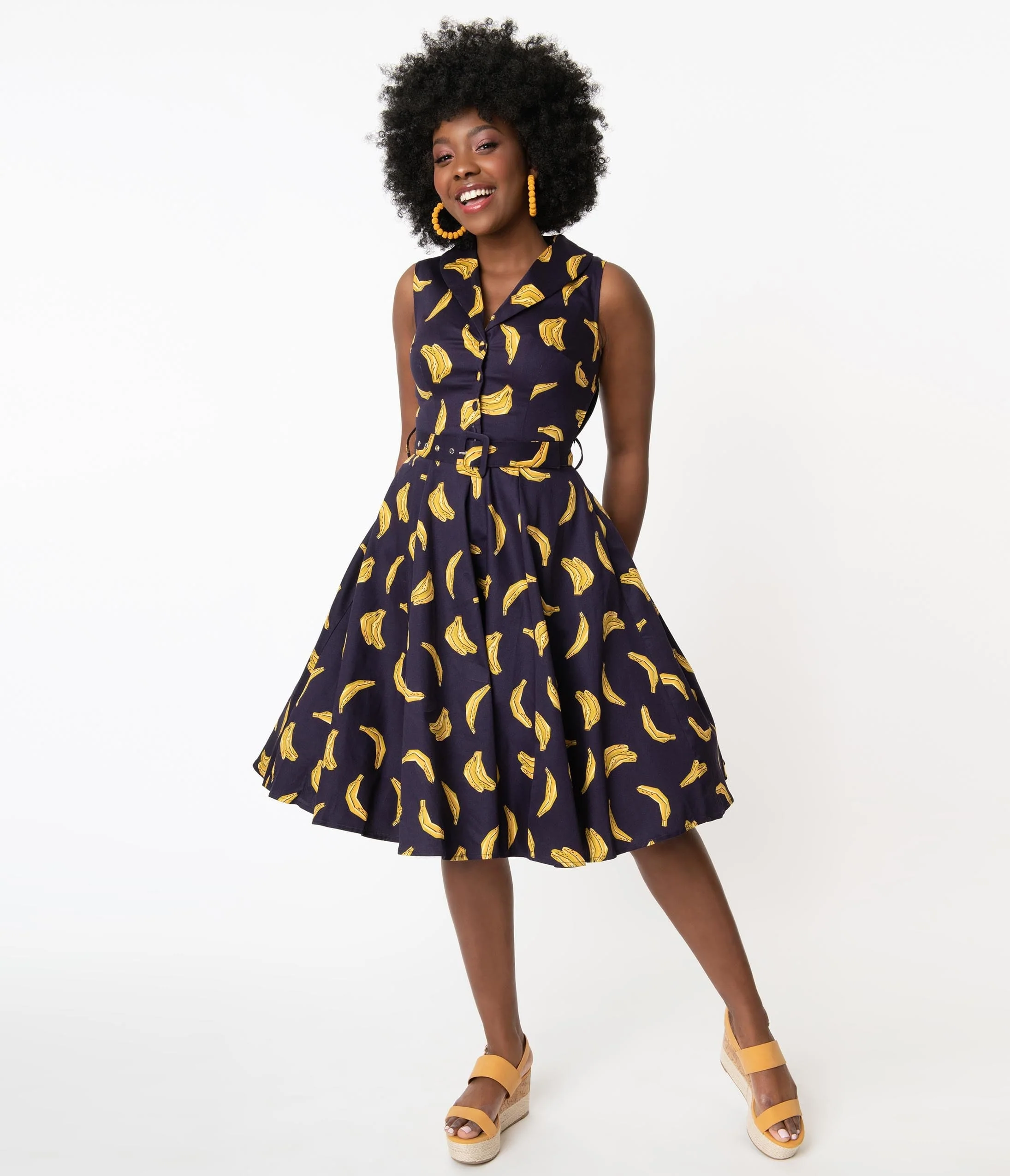 1960s Navy & Yellow Banana Print Jani Swing Dress