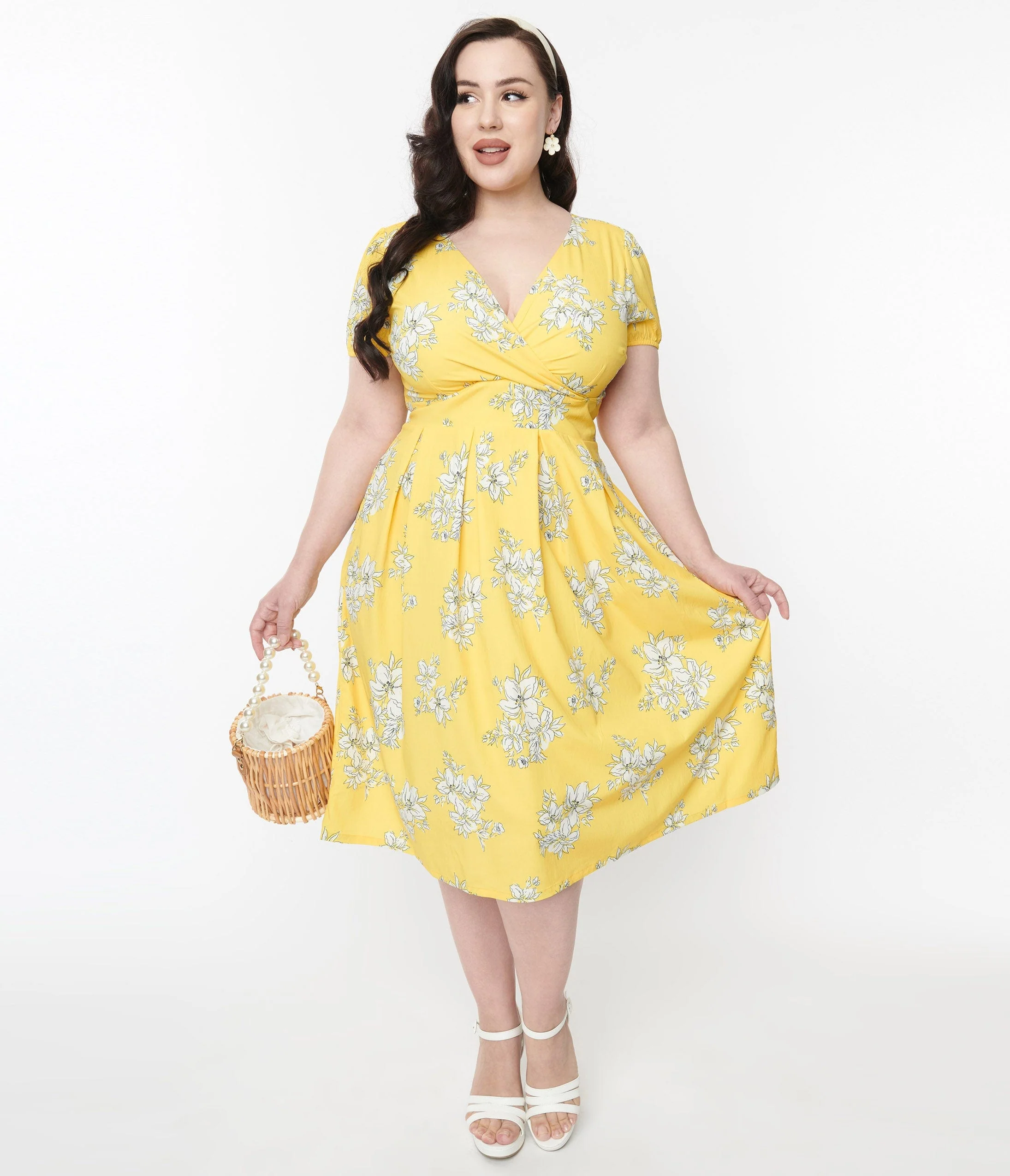 Yellow & White Floral Surplice Swing Dress