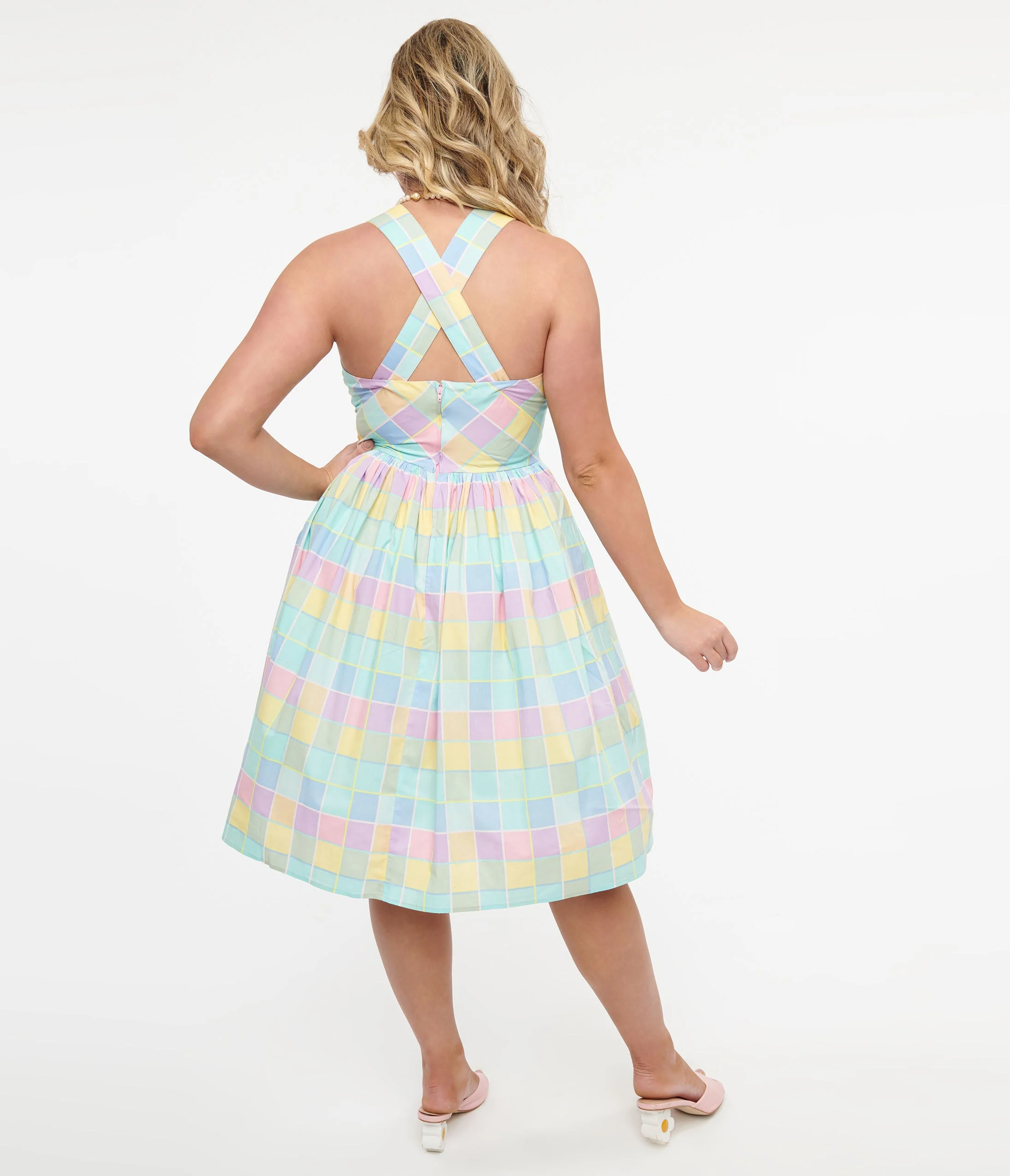 Hell Bunny 1950s Pastel Rainbow Check Cotton Swing Dress