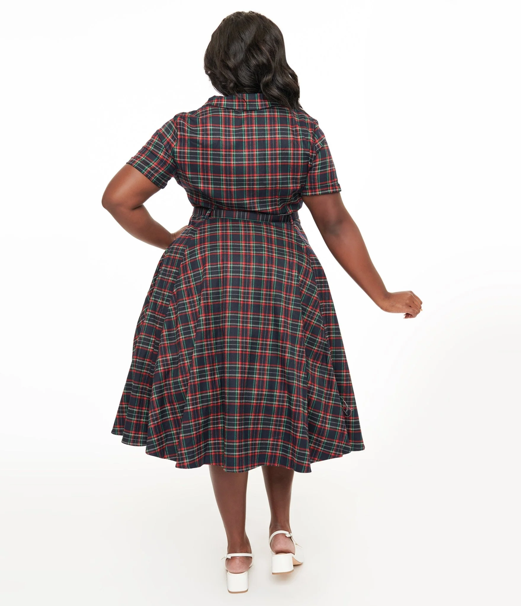 Royal Monk Plus Size 1950s Green & Red Plaid Merry Holidays Swing Dress