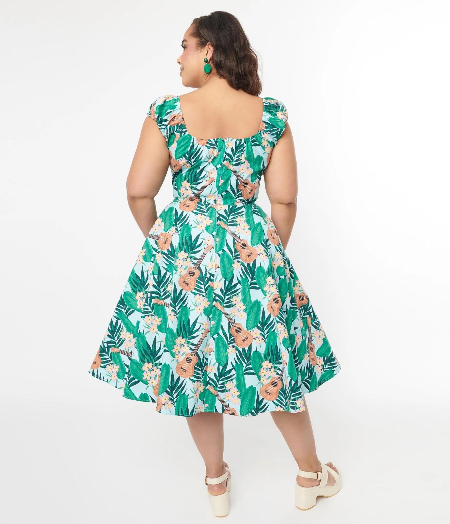 Hell Bunny Light Blue & Green Tropical Ukulele Swing Dress