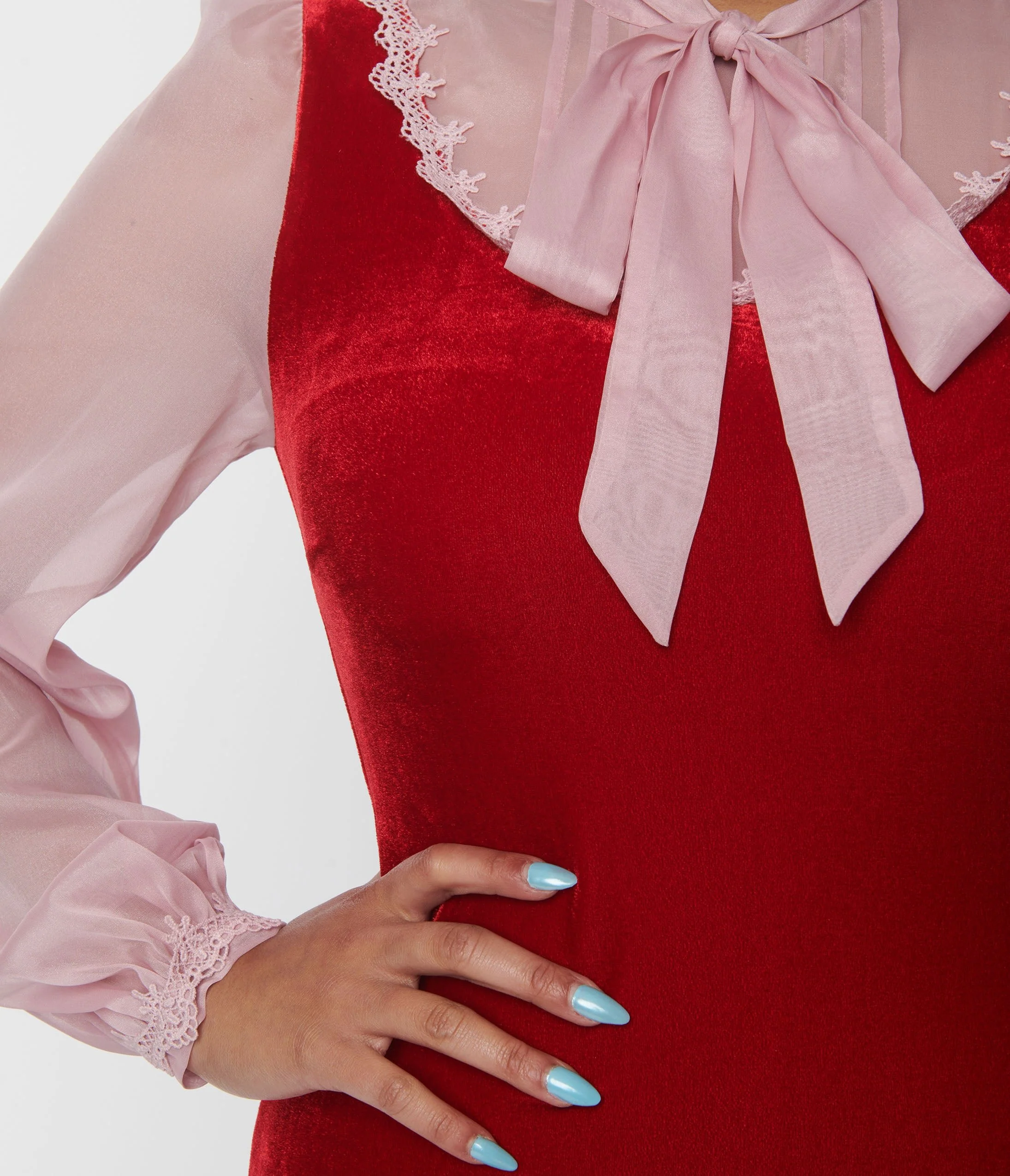 Smak Parlour Burgundy Velvet & Pink Bow Neck Shift Dress