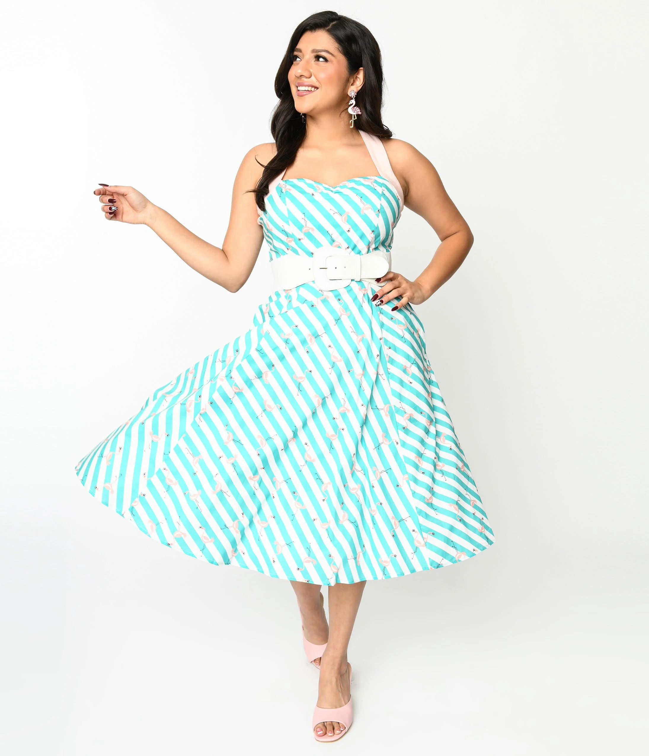 Teal & White Striped Flamingo Print Swing Dress