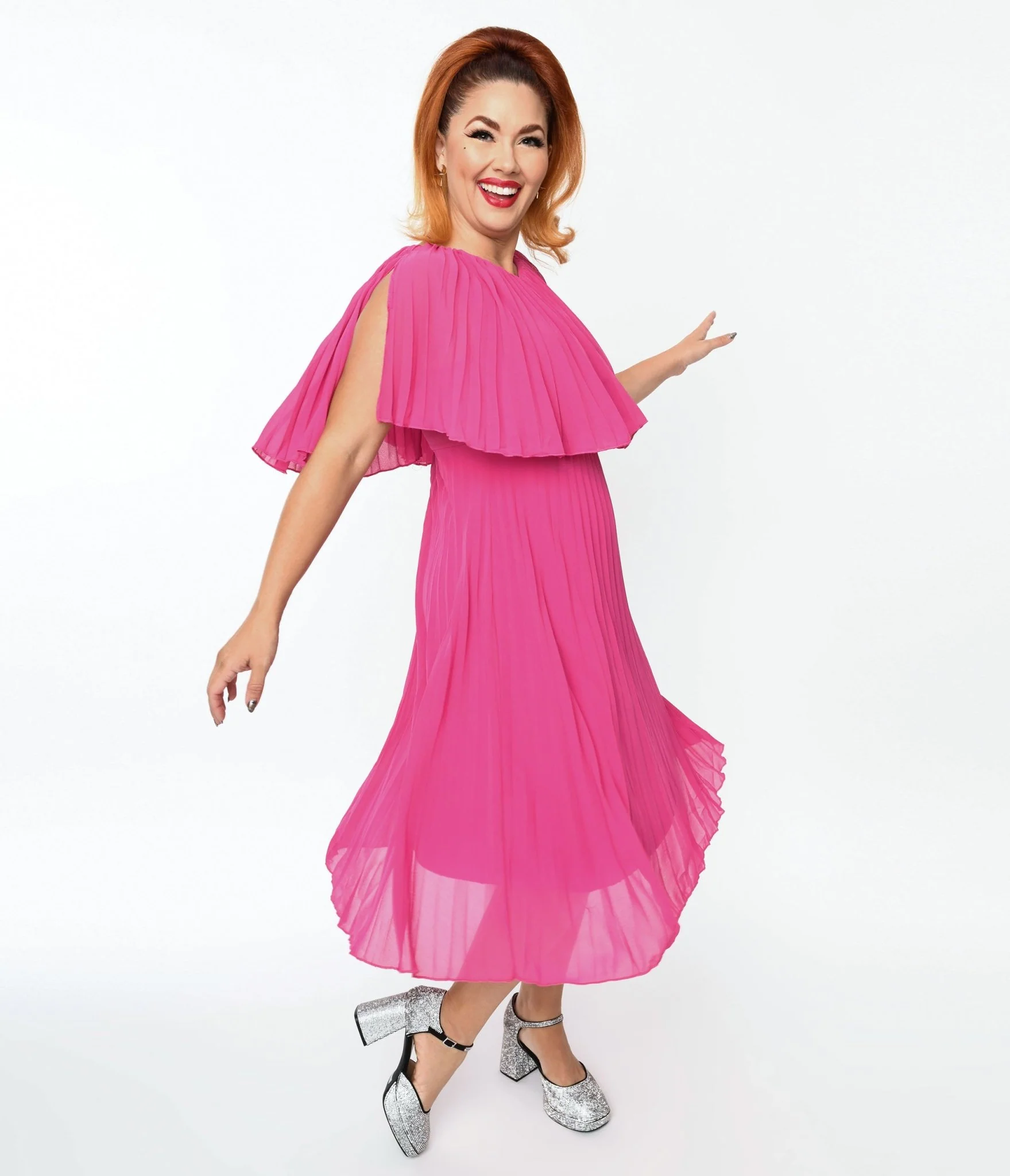Plus Size Fuchsia Pleated Midi Dress