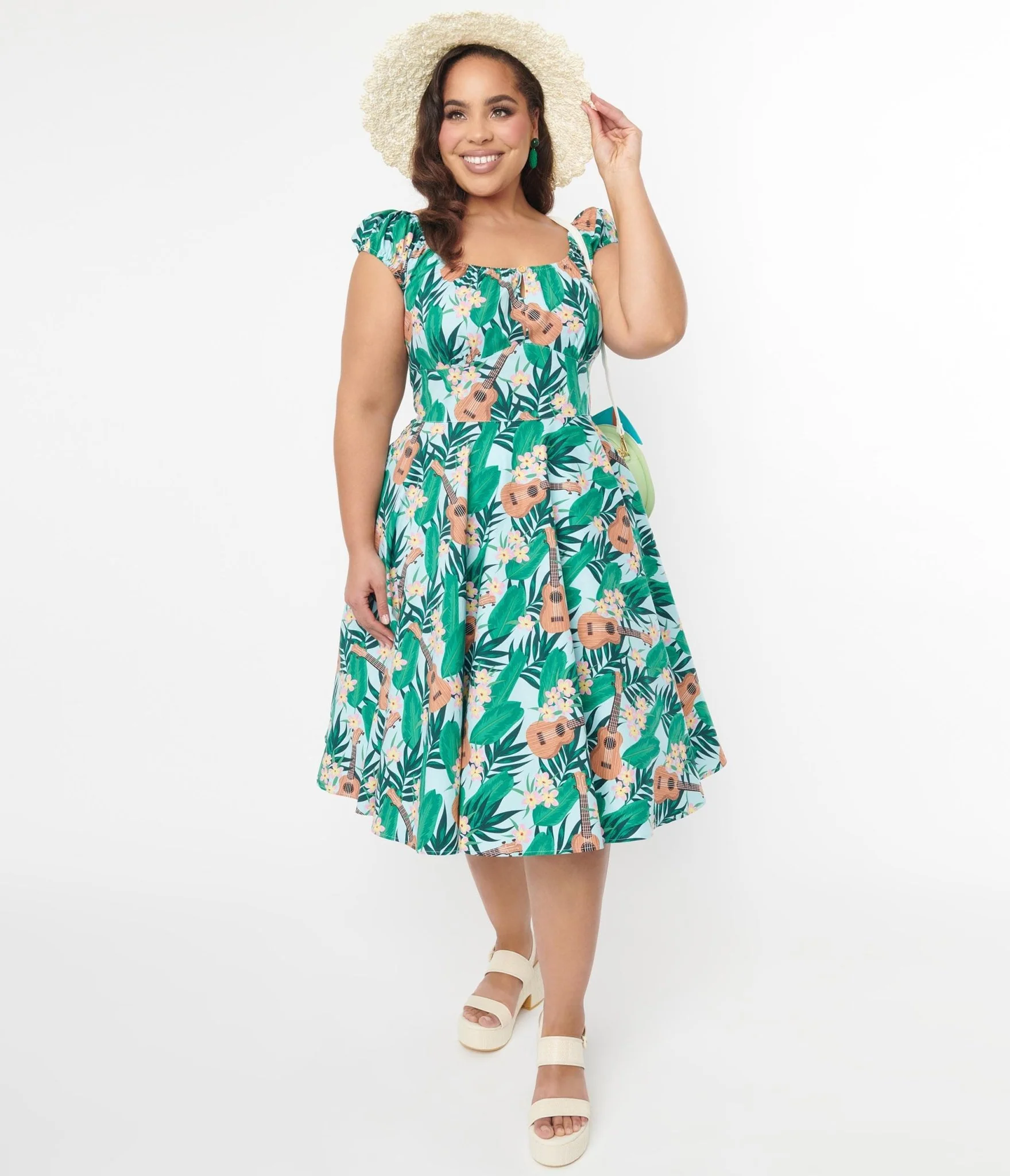 Hell Bunny Light Blue & Green Tropical Ukulele Swing Dress