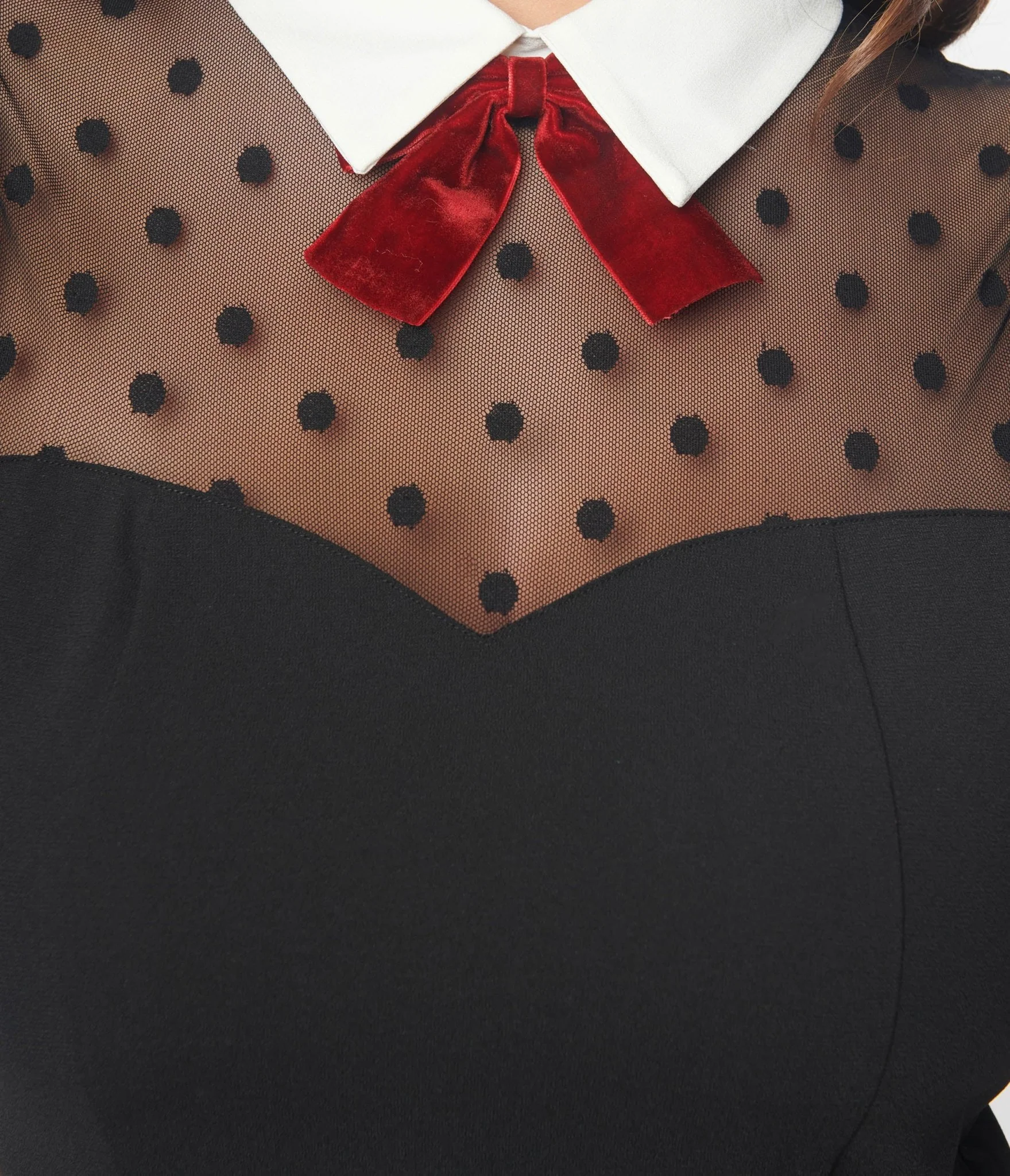 Unique Vintage 1940s Black Dot Mesh Collared Fit & Flare Dress